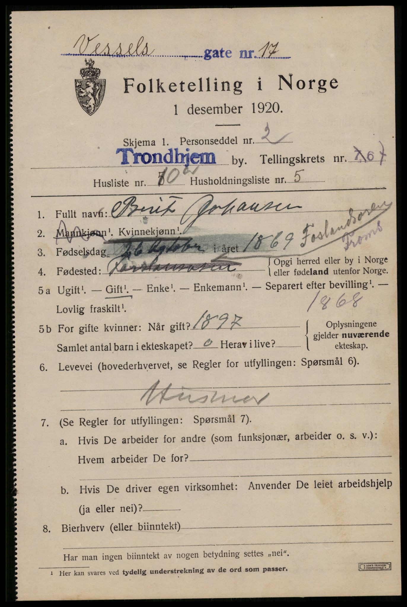 SAT, 1920 census for Trondheim, 1920, p. 132682