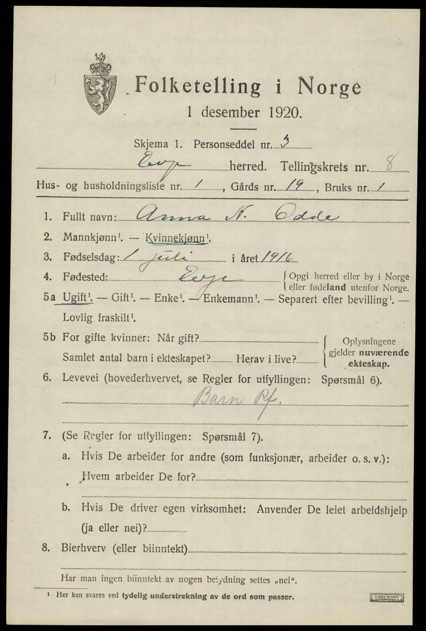 SAK, 1920 census for Evje, 1920, p. 2848