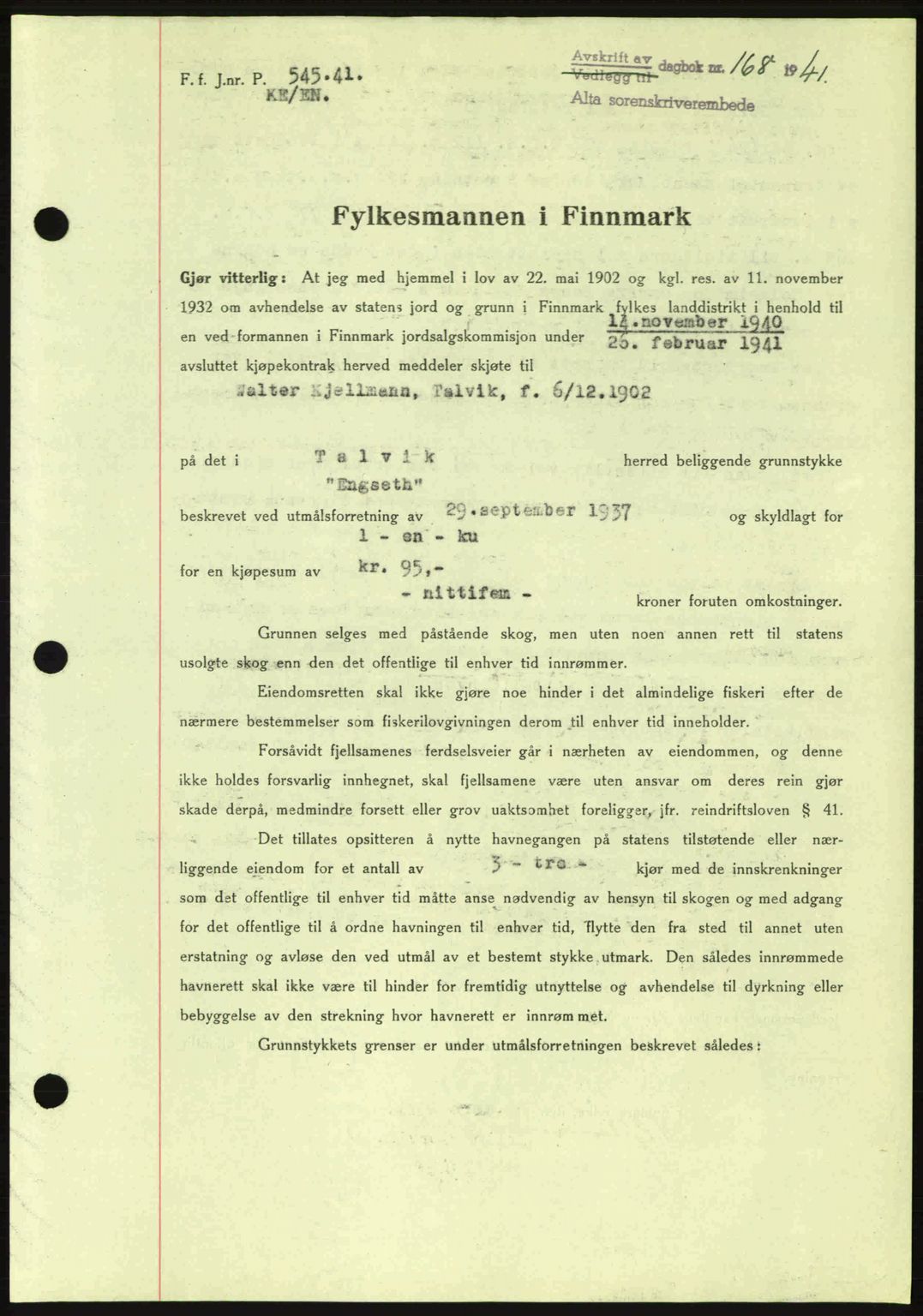 Alta fogderi/sorenskriveri, SATØ/SATØ-5/1/K/Kd/L0033pantebok: Mortgage book no. 33, 1940-1943, Diary no: : 168/1941