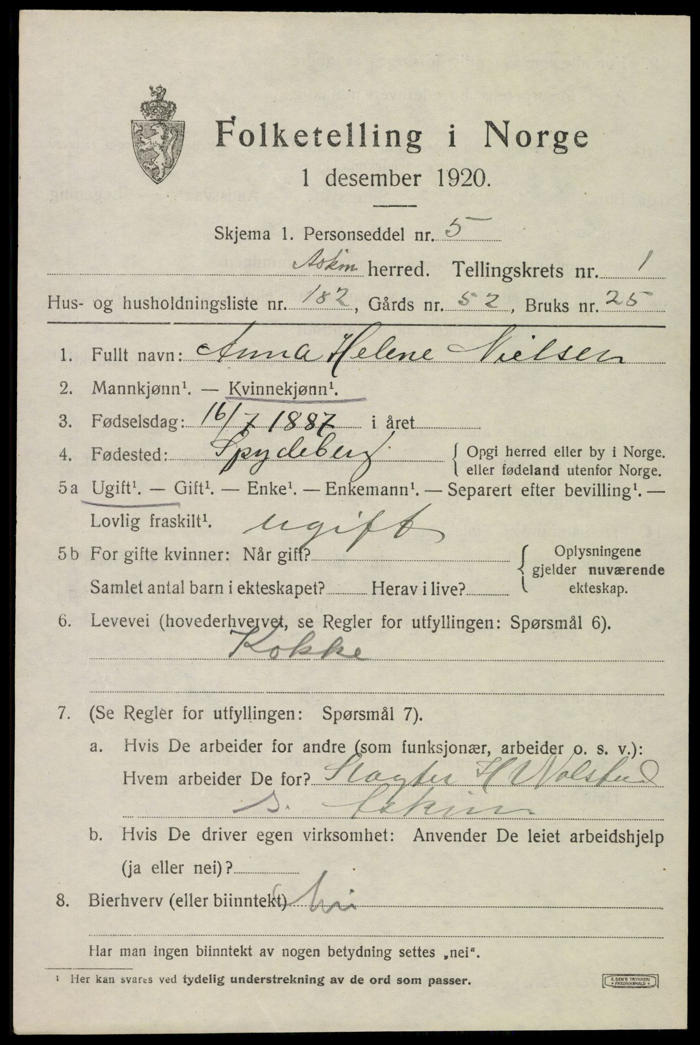 SAO, 1920 census for Askim, 1920, p. 4559