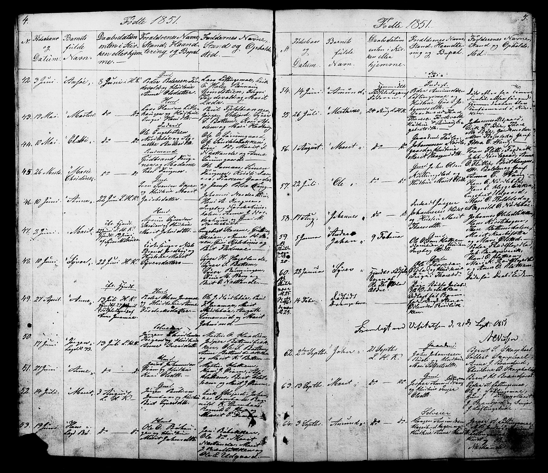 Lesja prestekontor, SAH/PREST-068/H/Ha/Hab/L0005: Parish register (copy) no. 5, 1850-1894, p. 4-5