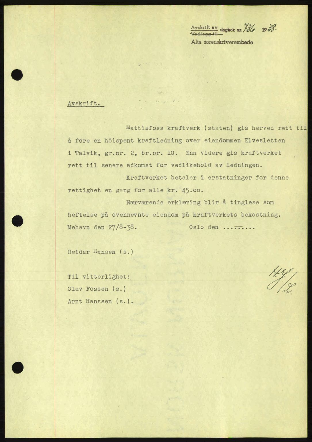 Alta fogderi/sorenskriveri, SATØ/SATØ-5/1/K/Kd/L0031pantebok: Mortgage book no. 31, 1938-1939, Diary no: : 736/1938