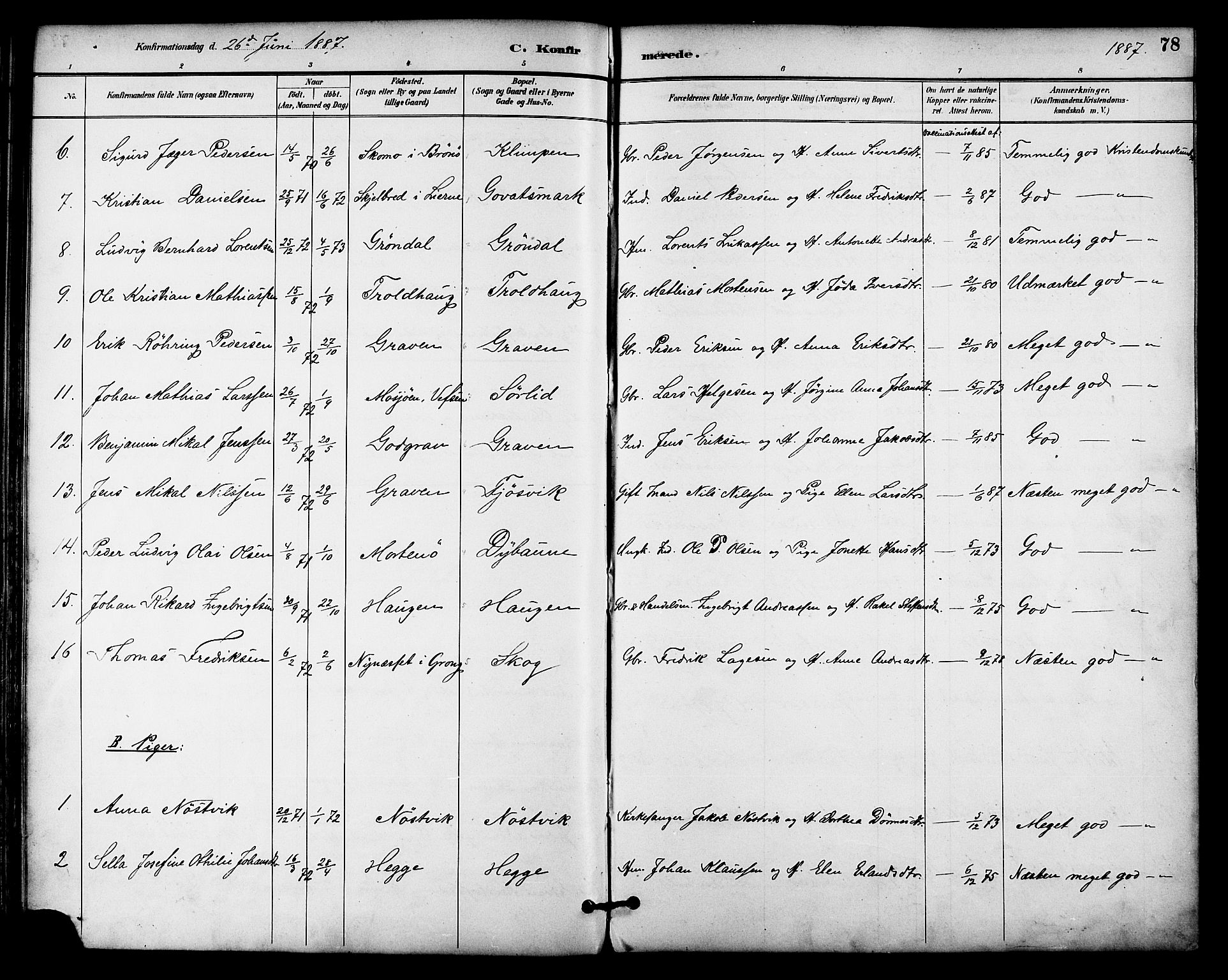 Ministerialprotokoller, klokkerbøker og fødselsregistre - Nordland, AV/SAT-A-1459/814/L0226: Parish register (official) no. 814A07, 1886-1898, p. 78