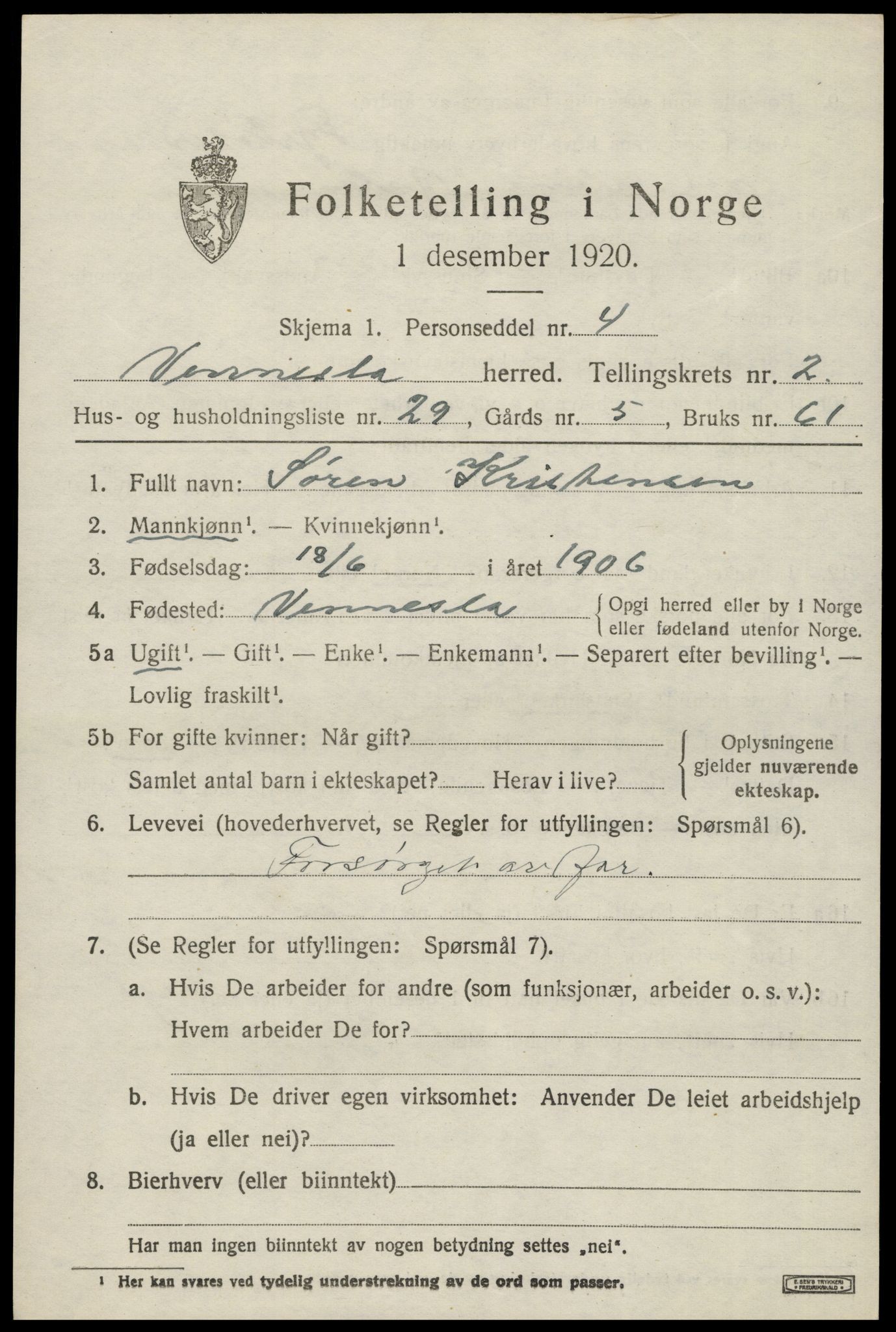 SAK, 1920 census for Vennesla, 1920, p. 1824