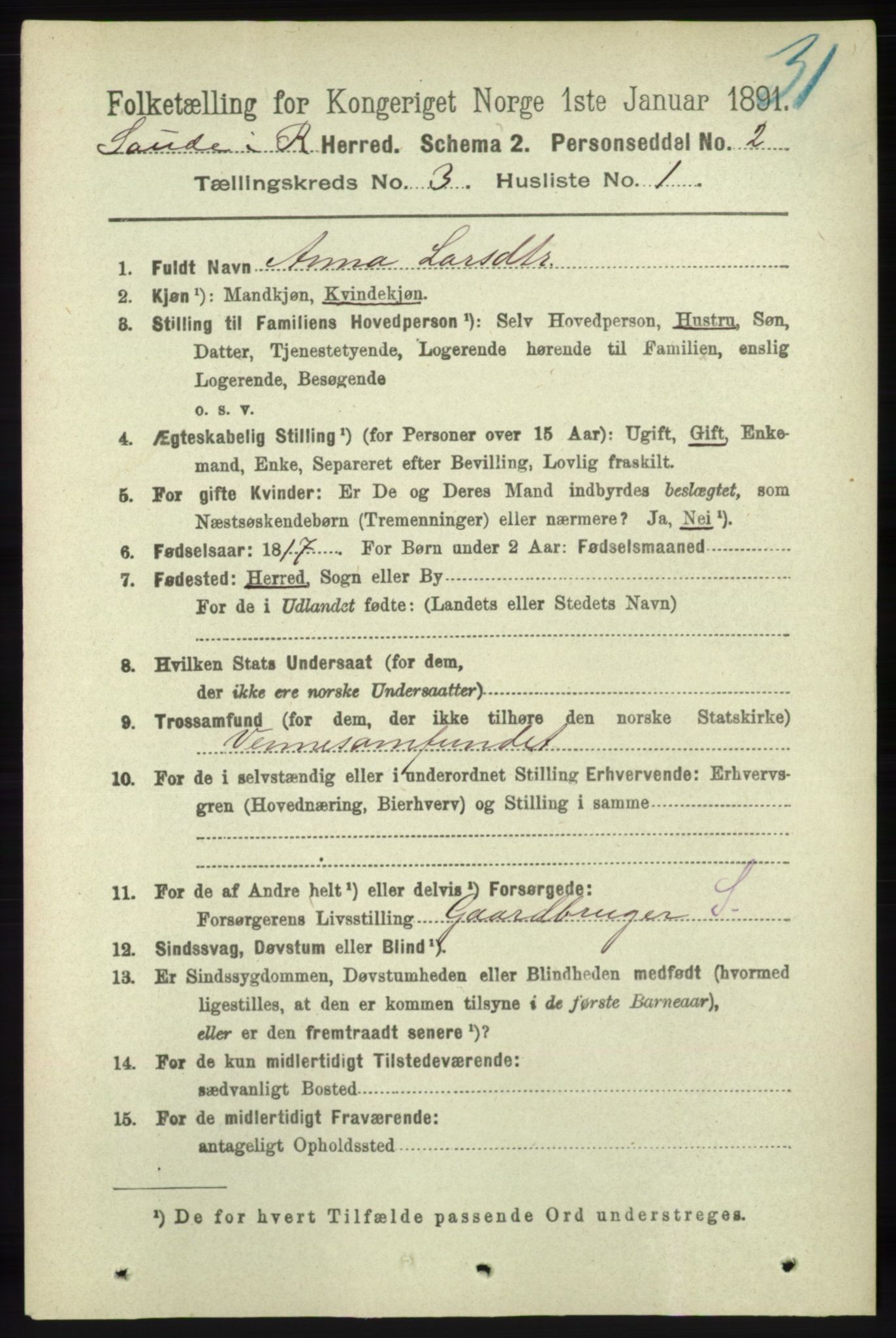 RA, 1891 census for 1135 Sauda, 1891, p. 1264