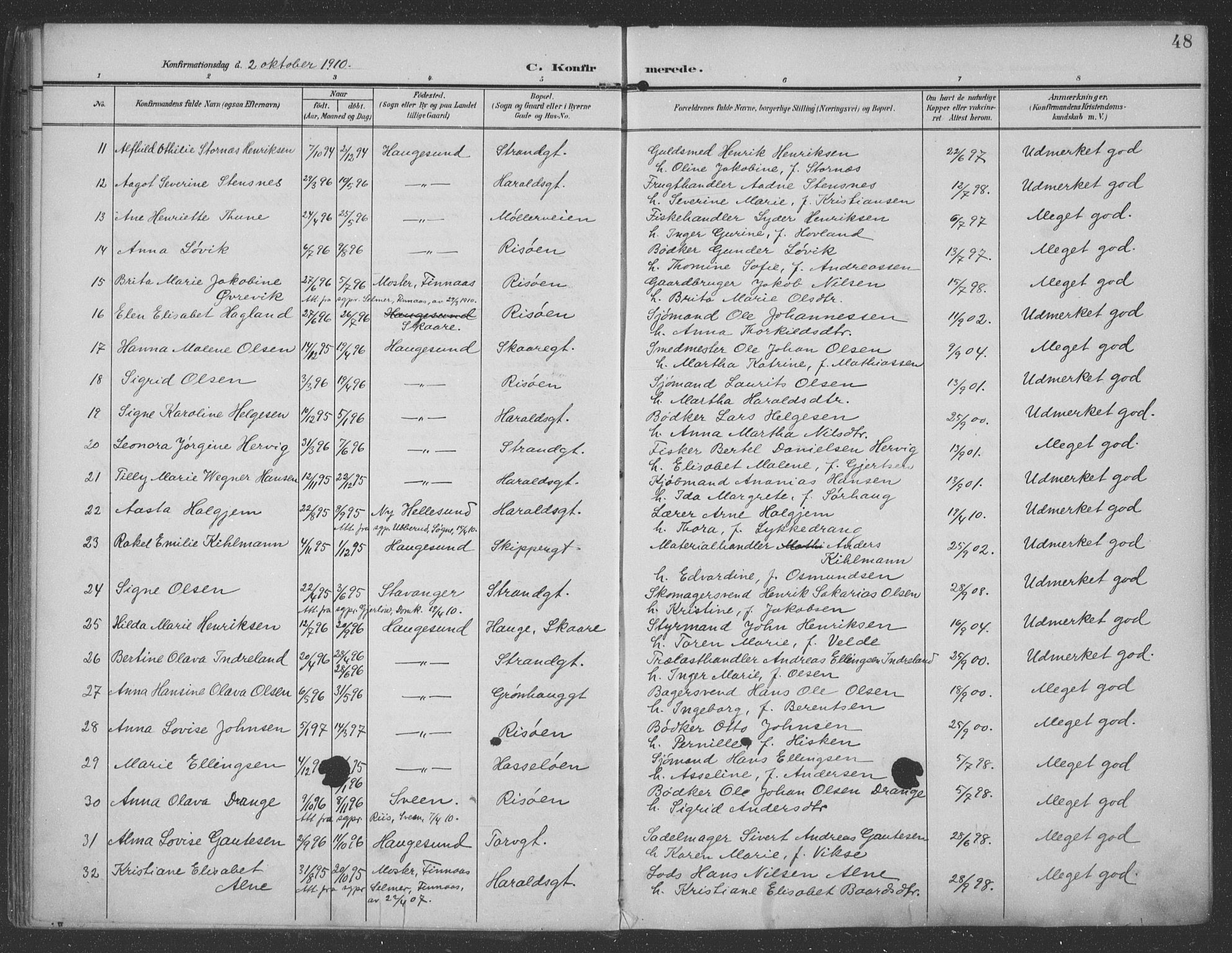 Haugesund sokneprestkontor, AV/SAST-A -101863/H/Ha/Haa/L0007: Parish register (official) no. A 7, 1904-1916, p. 48