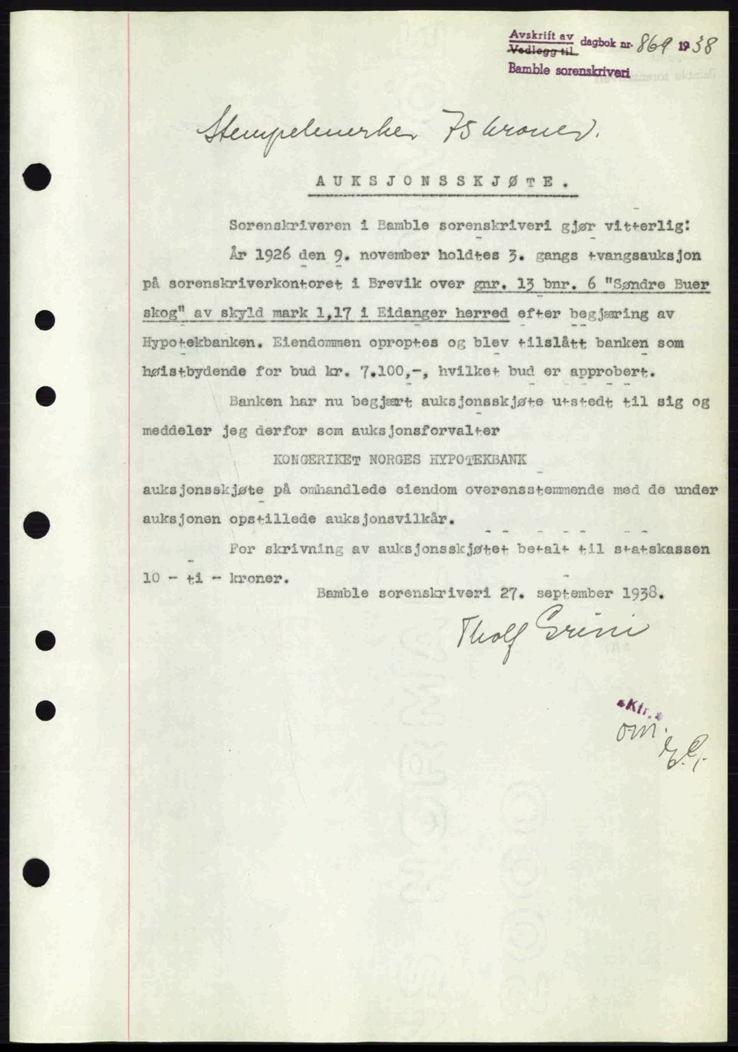 Bamble sorenskriveri, AV/SAKO-A-214/G/Ga/Gag/L0002: Mortgage book no. A-2, 1937-1938, Diary no: : 869/1938