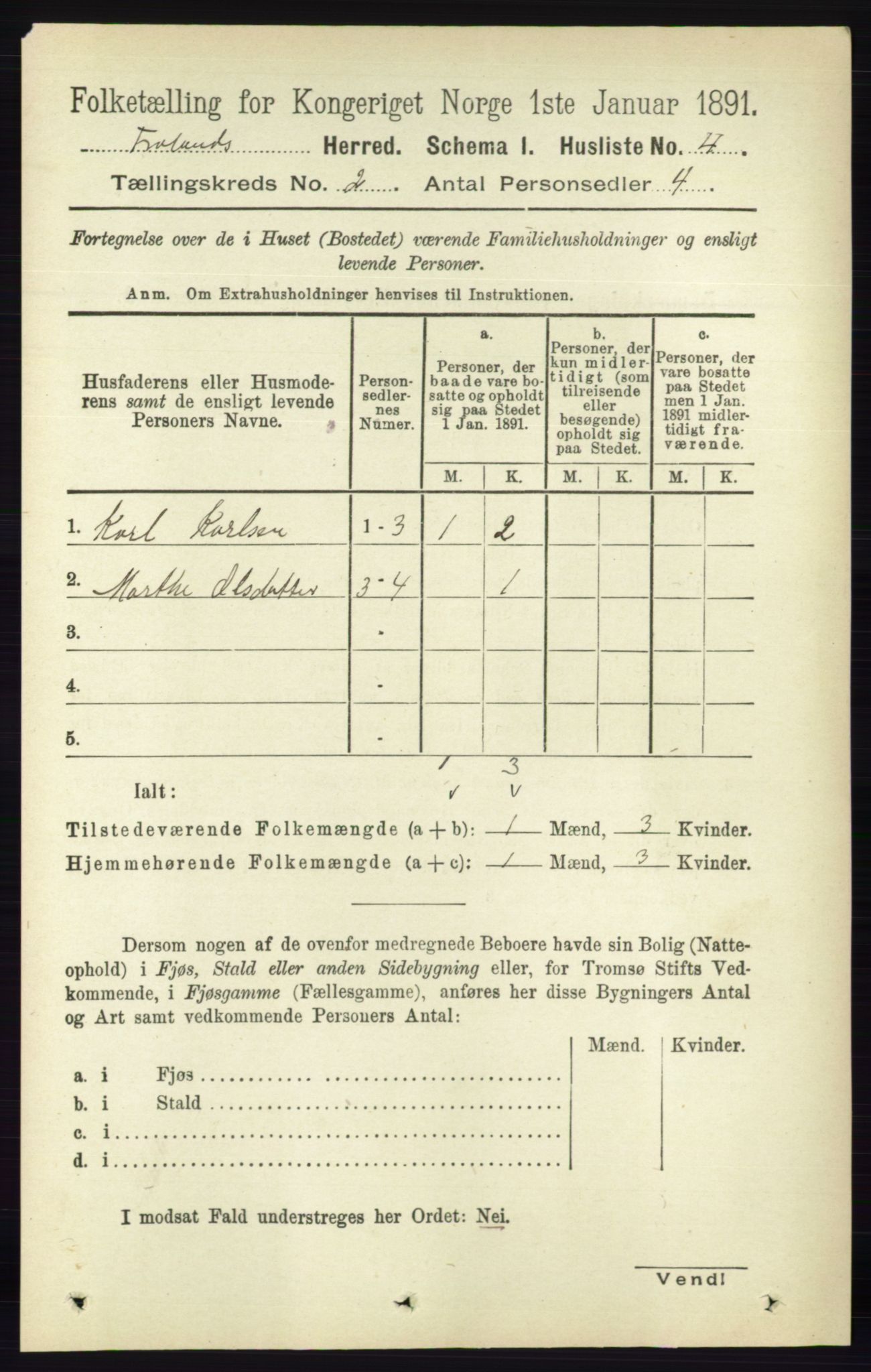 RA, 1891 census for 0919 Froland, 1891, p. 407