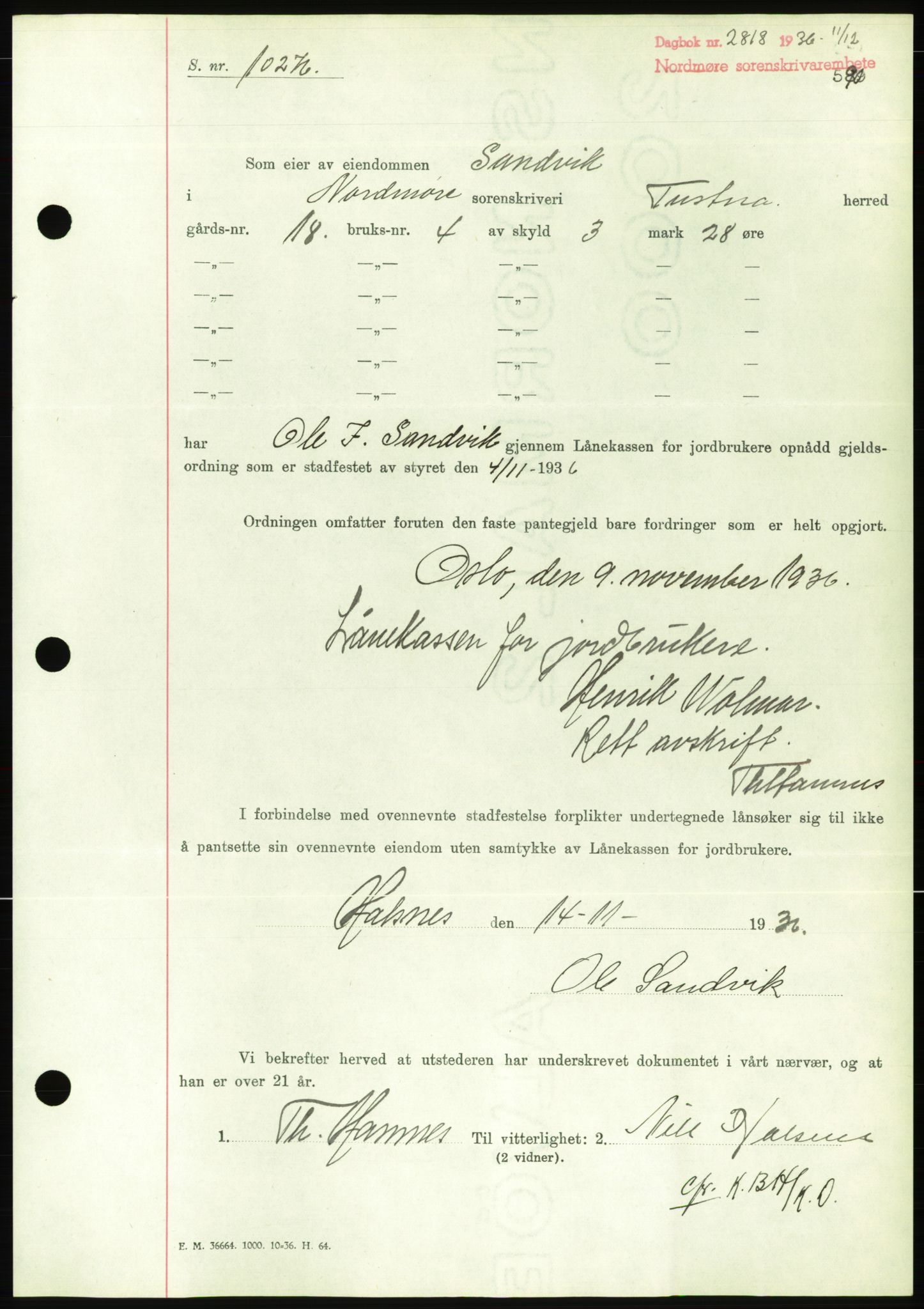 Nordmøre sorenskriveri, AV/SAT-A-4132/1/2/2Ca/L0090: Mortgage book no. B80, 1936-1937, Diary no: : 2818/1936