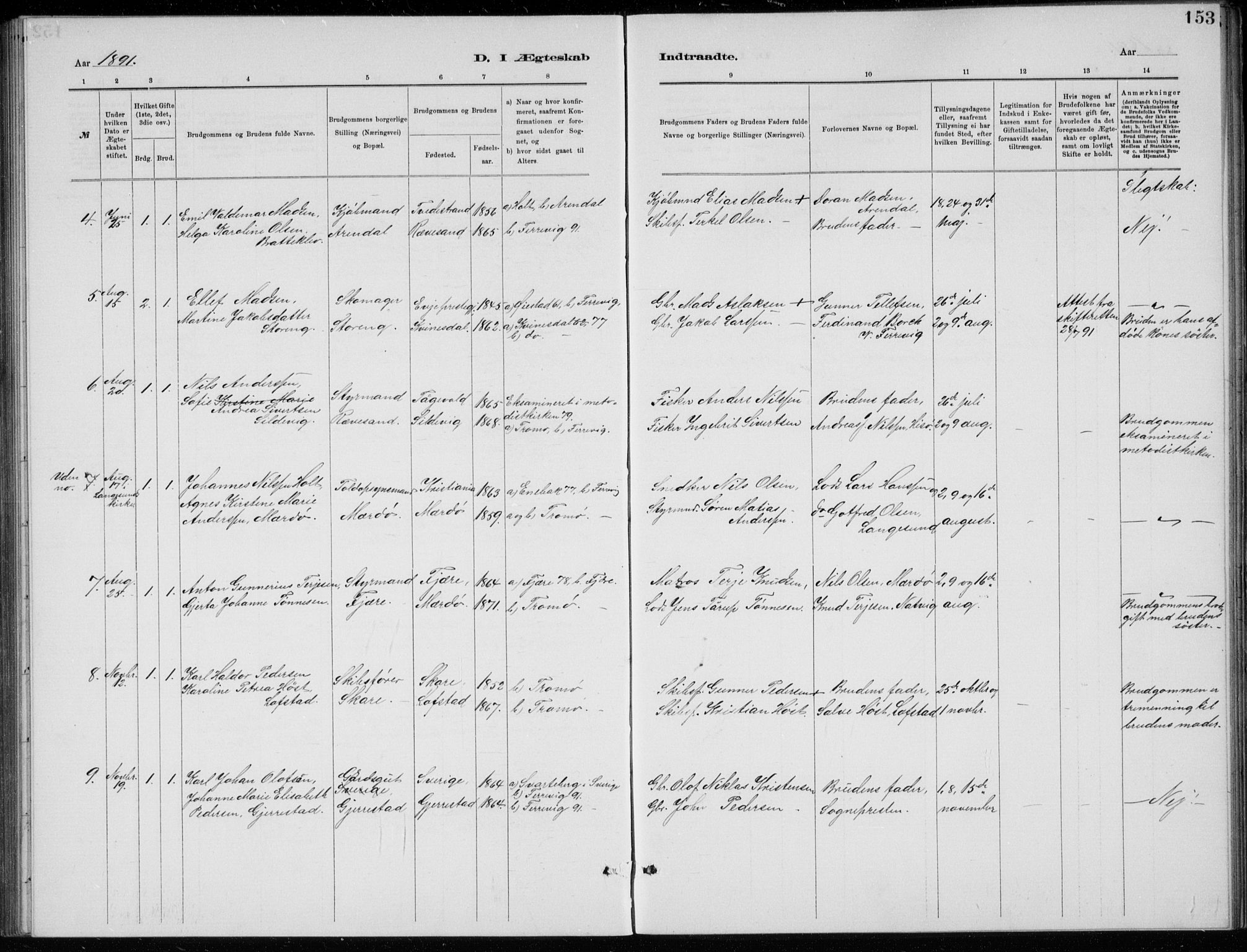 Tromøy sokneprestkontor, SAK/1111-0041/F/Fb/L0005: Parish register (copy) no. B 5, 1877-1891, p. 153