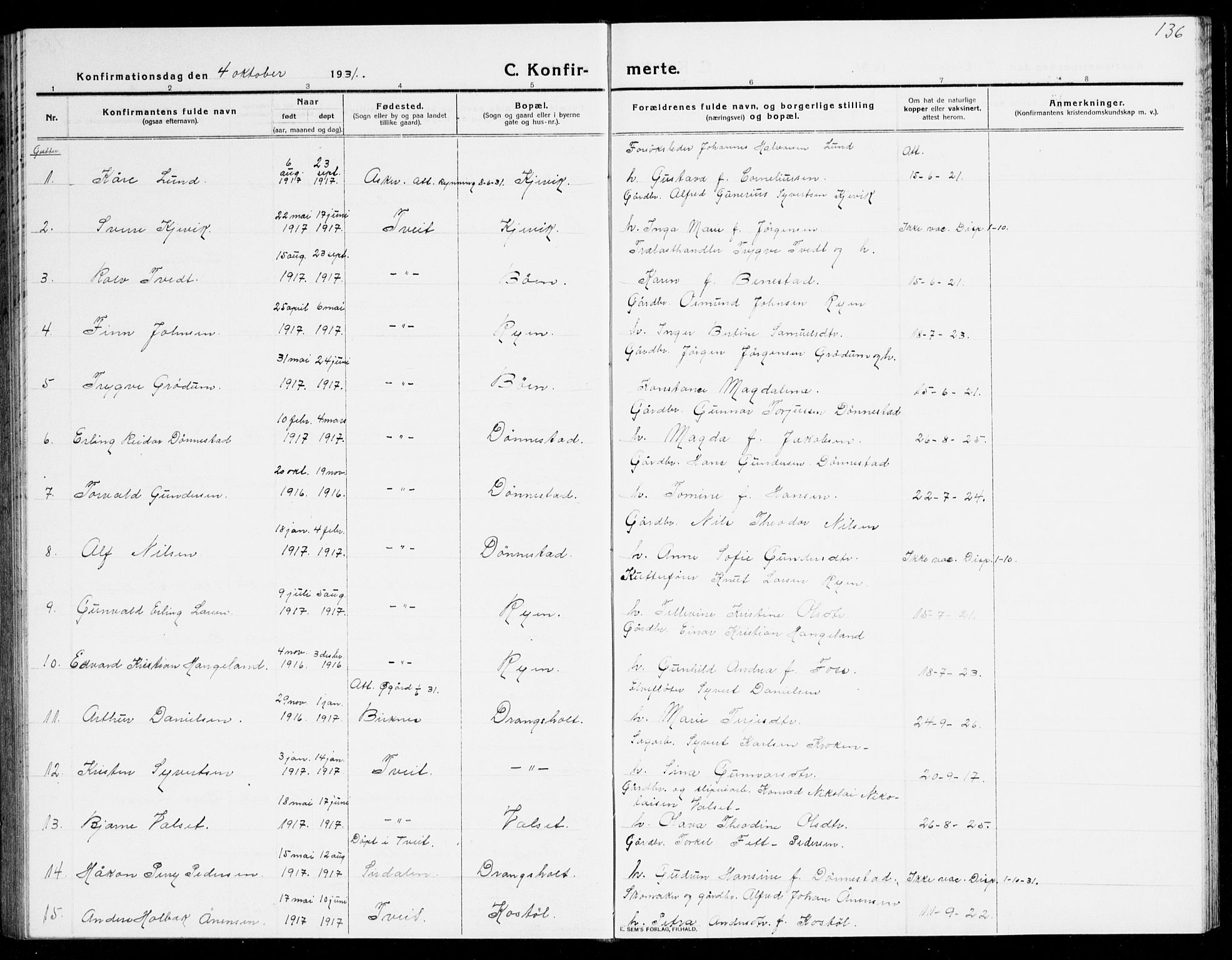 Tveit sokneprestkontor, AV/SAK-1111-0043/F/Fb/L0005: Parish register (copy) no. B 5, 1915-1941, p. 136