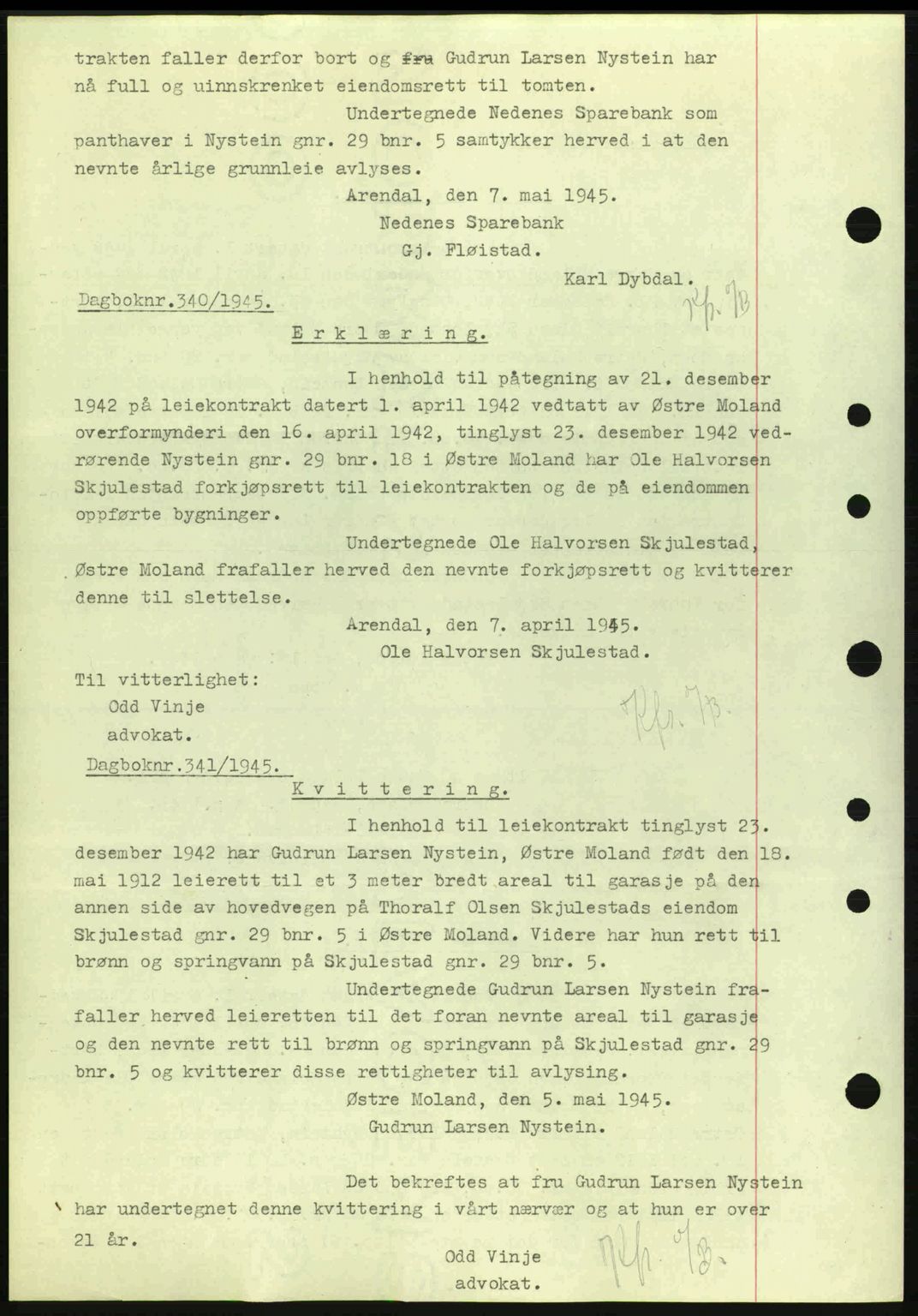 Nedenes sorenskriveri, SAK/1221-0006/G/Gb/Gba/L0052: Mortgage book no. A6a, 1944-1945, Diary no: : 339/1945