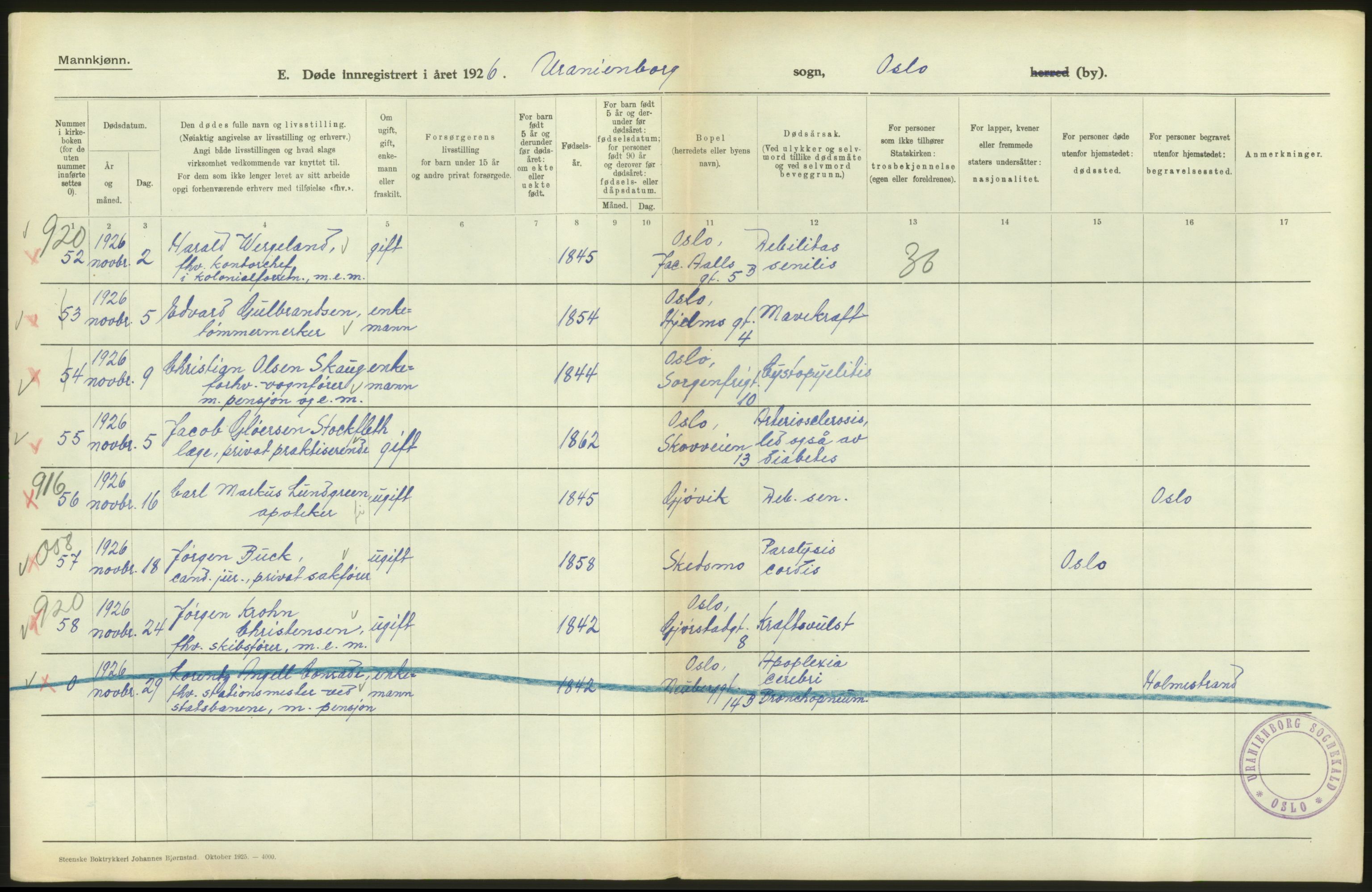 Statistisk sentralbyrå, Sosiodemografiske emner, Befolkning, AV/RA-S-2228/D/Df/Dfc/Dfcf/L0009: Oslo: Døde menn, 1926, p. 182