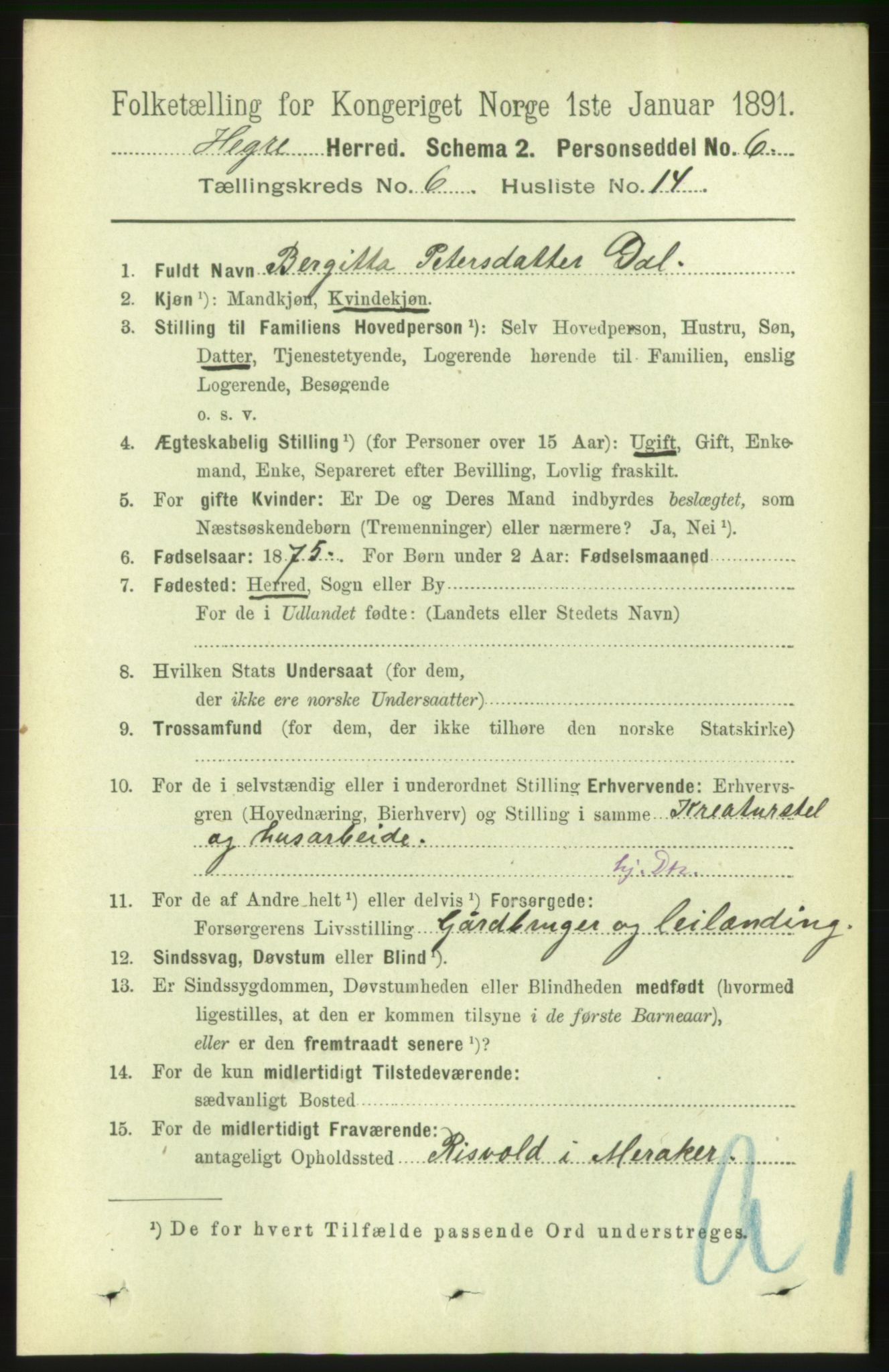 RA, 1891 census for 1712 Hegra, 1891, p. 2431