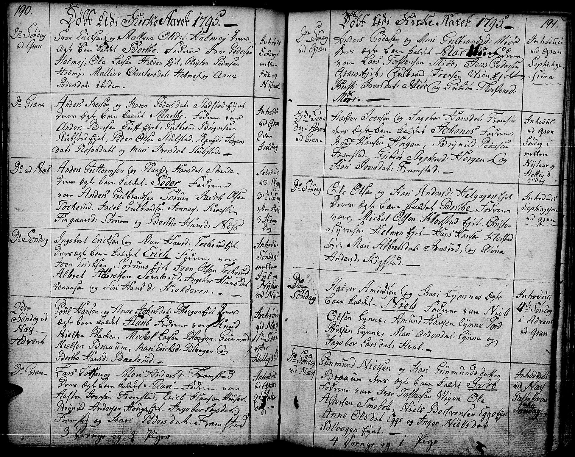 Gran prestekontor, SAH/PREST-112/H/Ha/Haa/L0006: Parish register (official) no. 6, 1787-1824, p. 190-191