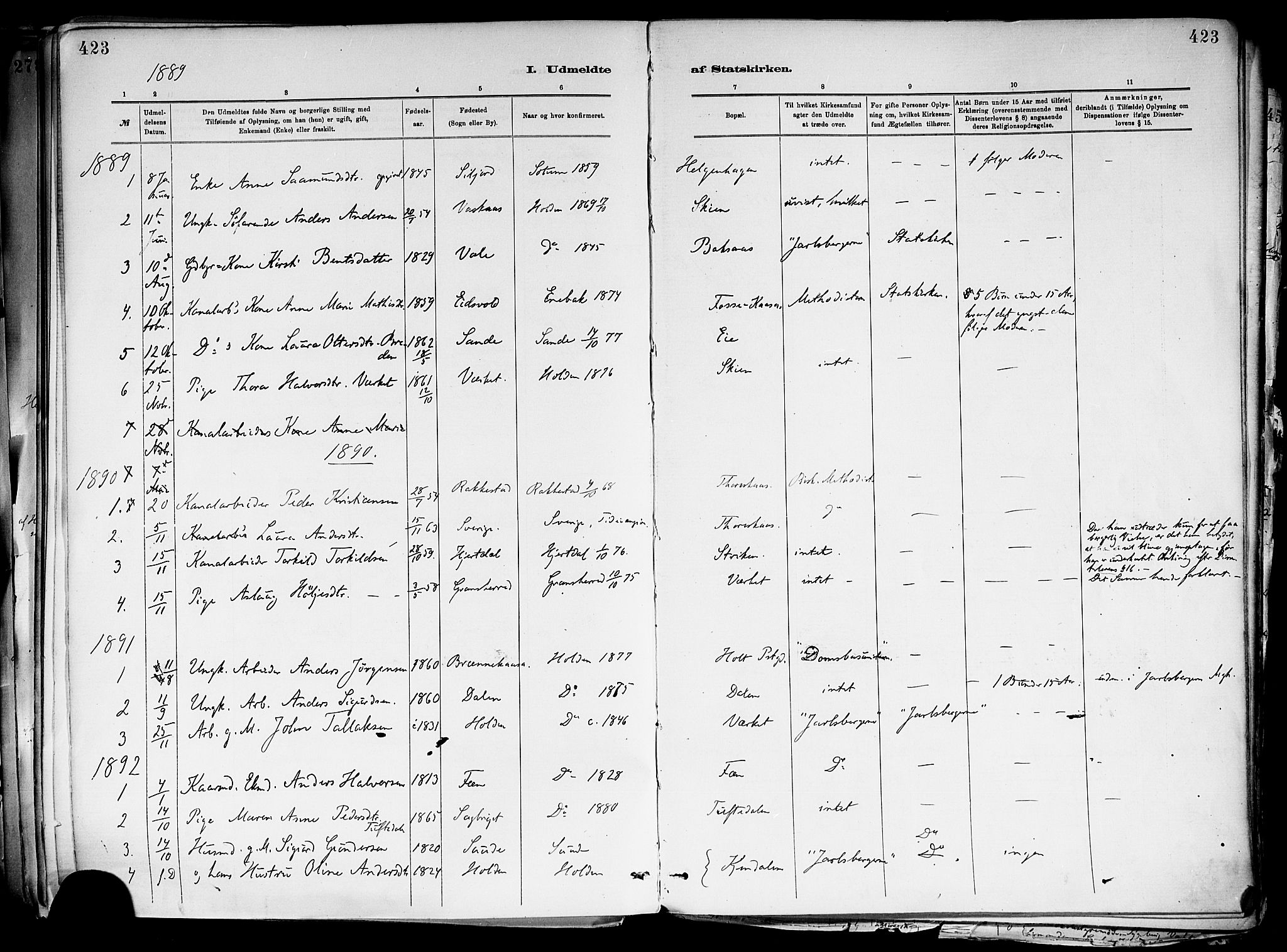 Holla kirkebøker, SAKO/A-272/F/Fa/L0008: Parish register (official) no. 8, 1882-1897, p. 423