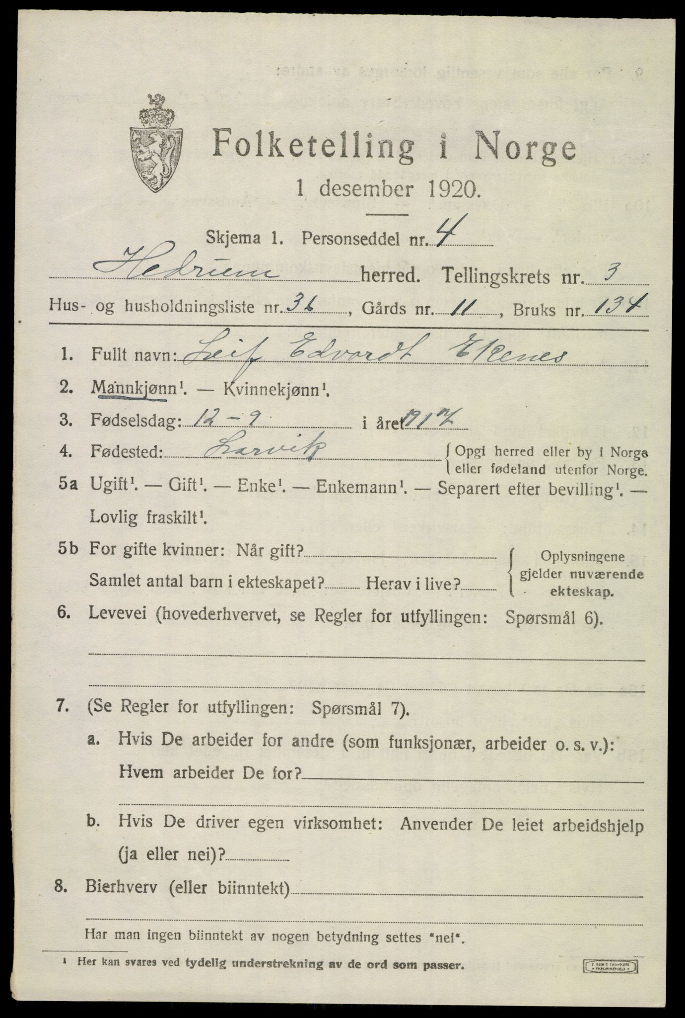 SAKO, 1920 census for Hedrum, 1920, p. 3989