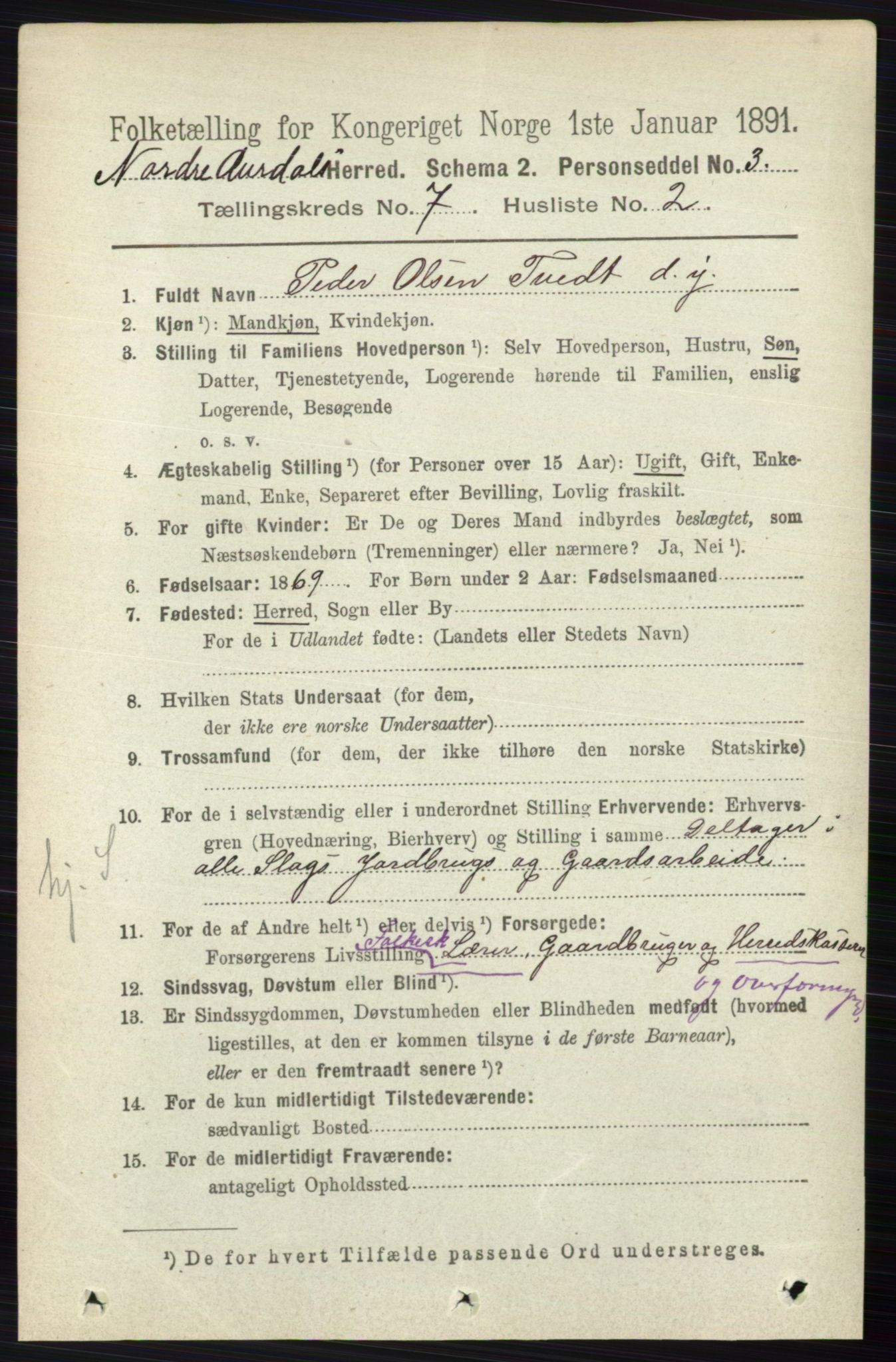 RA, 1891 census for 0542 Nord-Aurdal, 1891, p. 2390