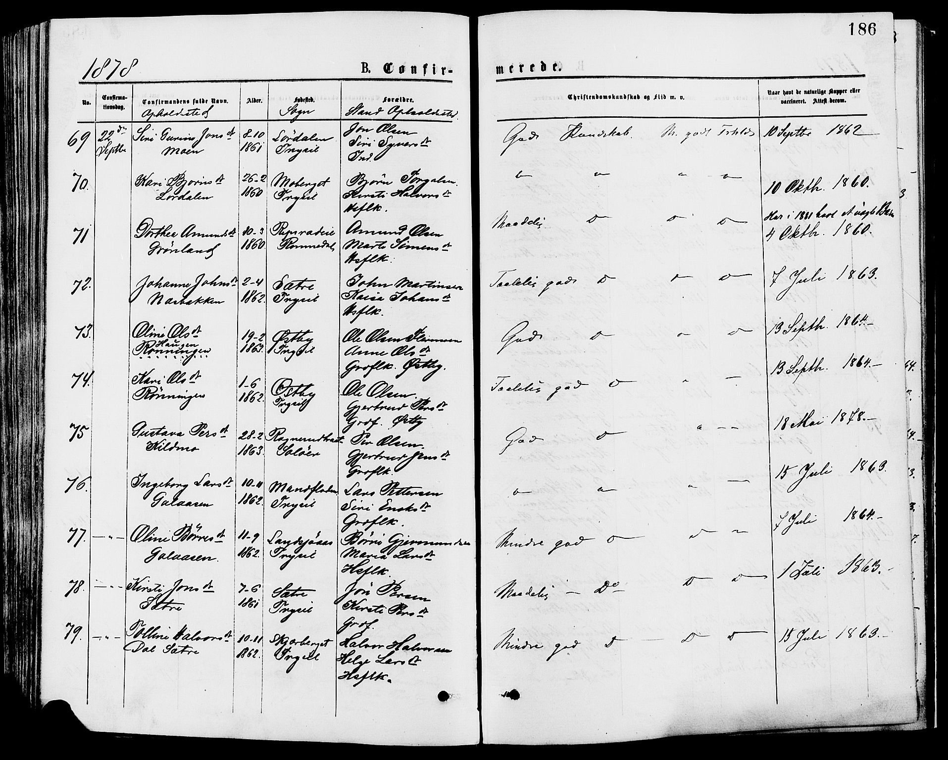 Trysil prestekontor, AV/SAH-PREST-046/H/Ha/Haa/L0007: Parish register (official) no. 7, 1874-1880, p. 186