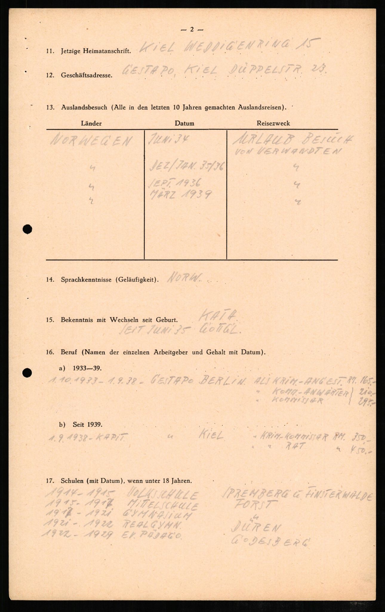 Forsvaret, Forsvarets overkommando II, RA/RAFA-3915/D/Db/L0007: CI Questionaires. Tyske okkupasjonsstyrker i Norge. Tyskere., 1945-1946, p. 253
