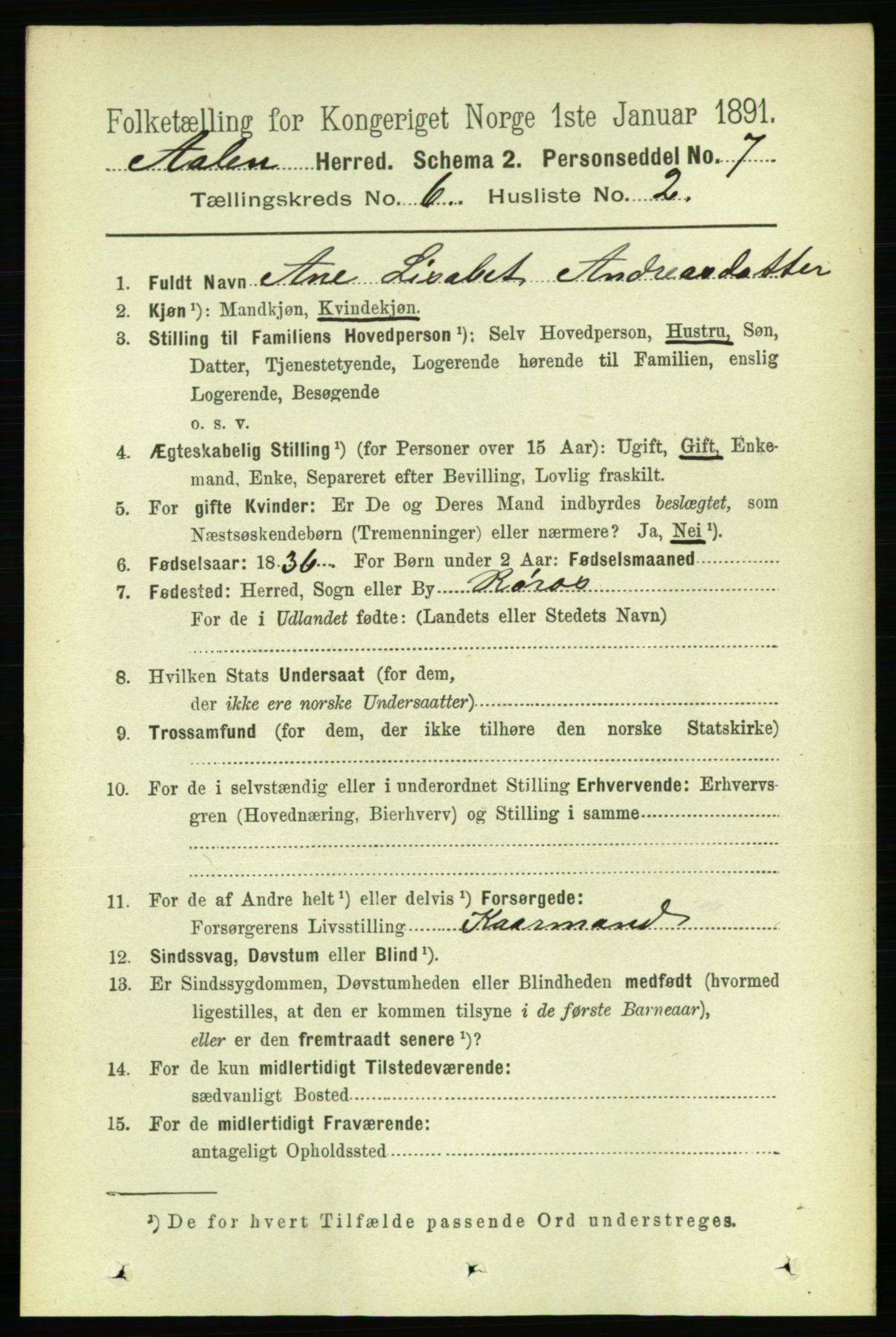 RA, 1891 census for 1644 Ålen, 1891, p. 1929