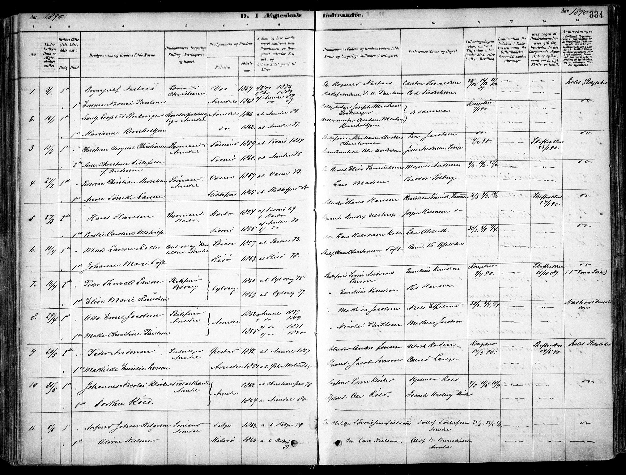 Arendal sokneprestkontor, Trefoldighet, SAK/1111-0040/F/Fa/L0008: Parish register (official) no. A 8, 1878-1899, p. 334