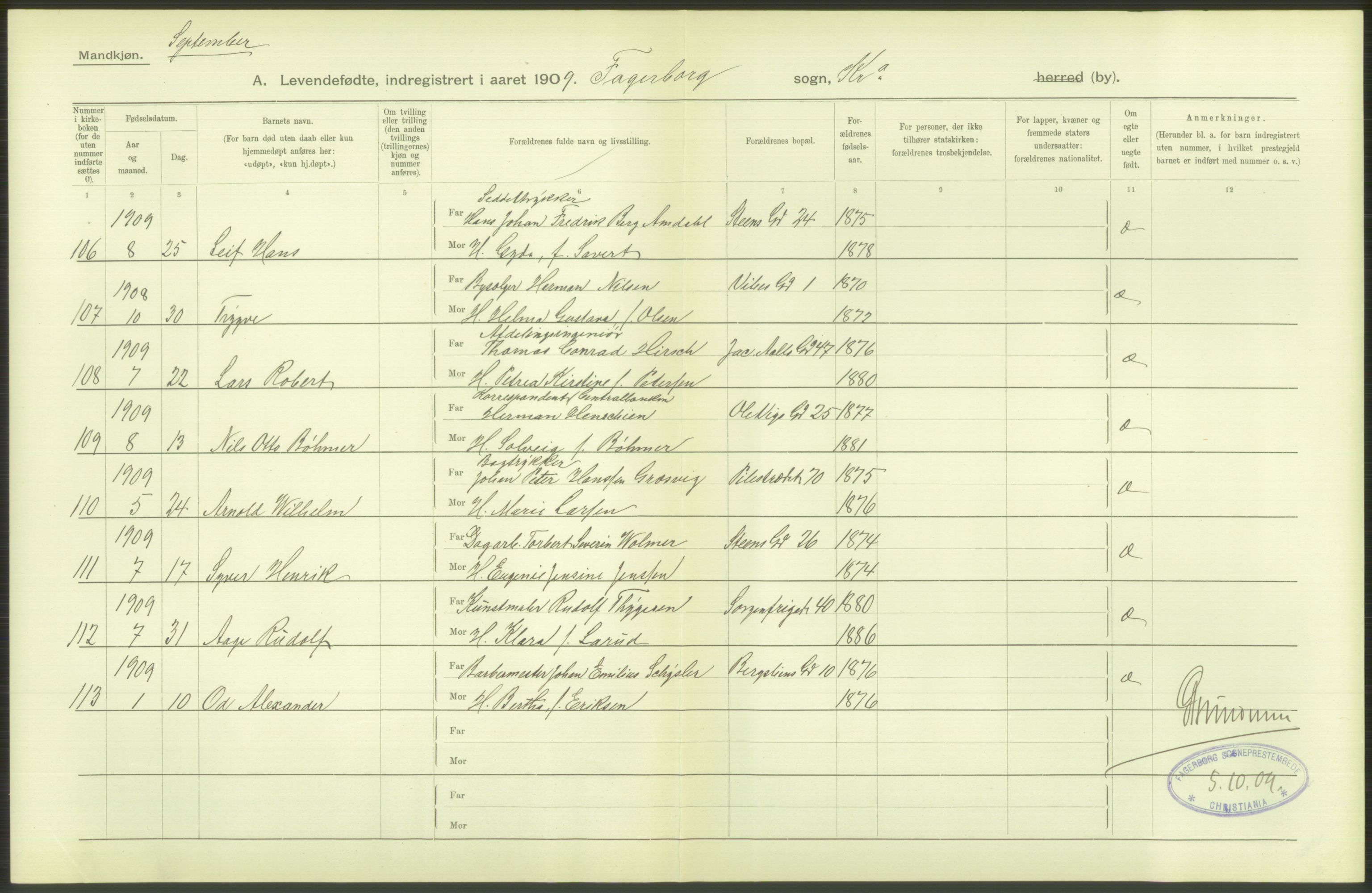 Statistisk sentralbyrå, Sosiodemografiske emner, Befolkning, AV/RA-S-2228/D/Df/Dfa/Dfag/L0007: Kristiania: Levendefødte menn og kvinner., 1909, p. 76