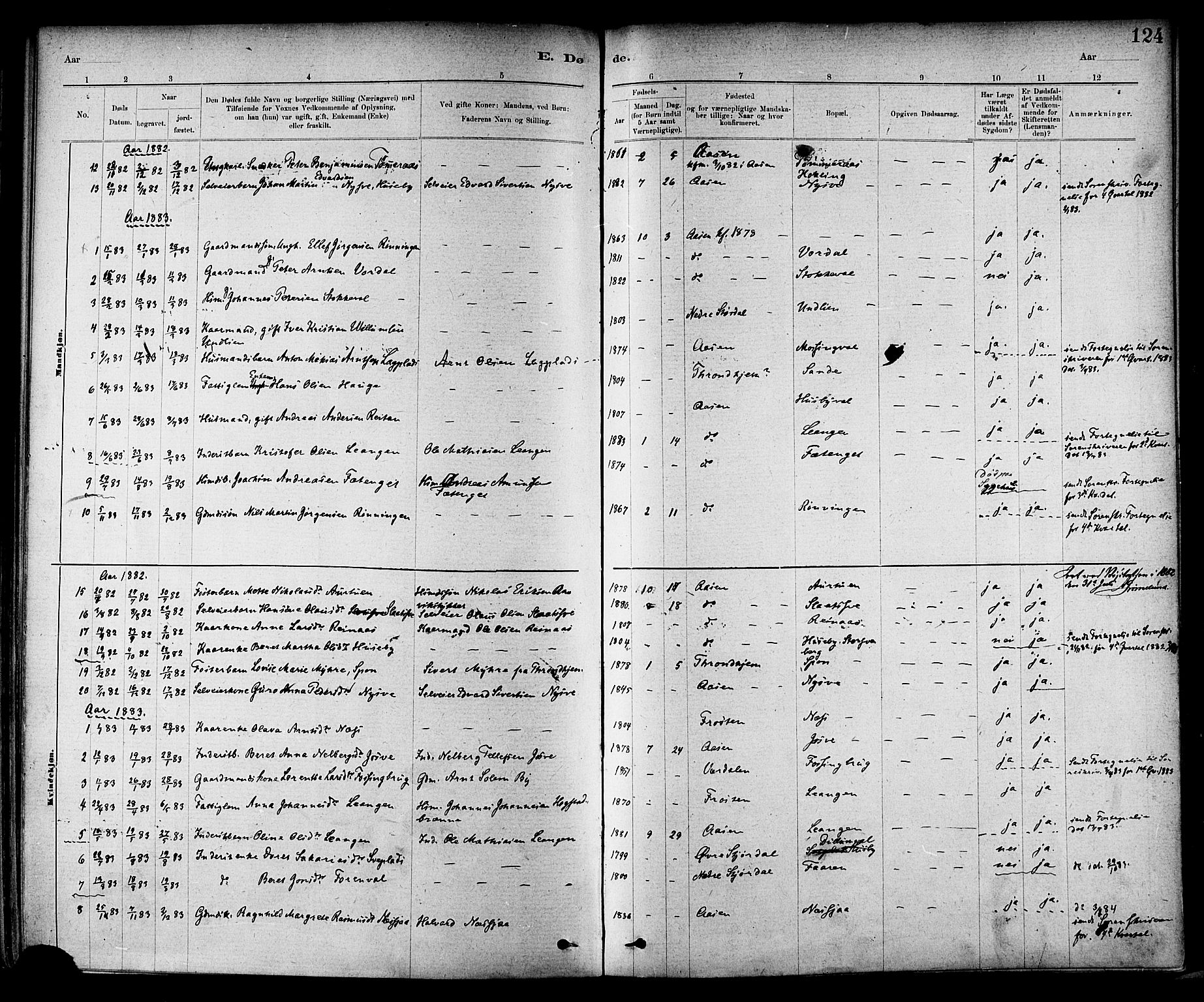 Ministerialprotokoller, klokkerbøker og fødselsregistre - Nord-Trøndelag, AV/SAT-A-1458/714/L0130: Parish register (official) no. 714A01, 1878-1895, p. 124