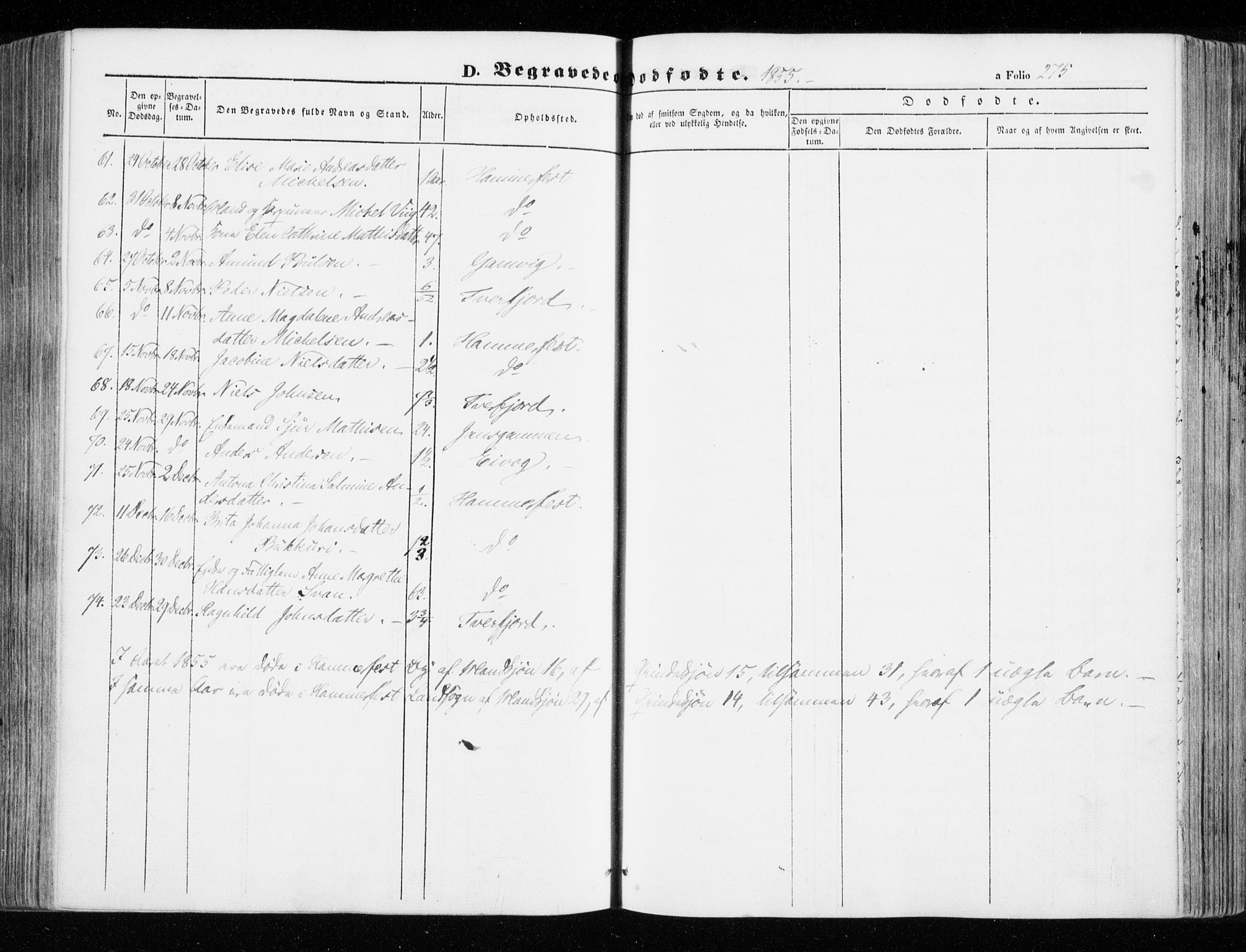 Hammerfest sokneprestkontor, AV/SATØ-S-1347/H/Ha/L0004.kirke: Parish register (official) no. 4, 1843-1856, p. 275