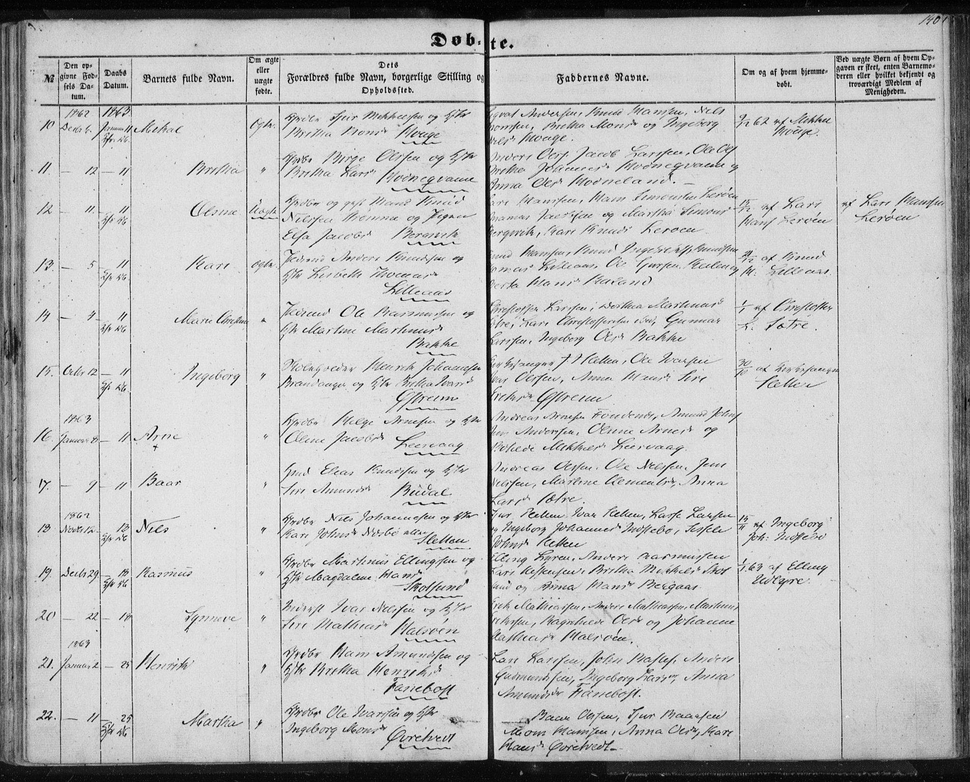 Lindås Sokneprestembete, SAB/A-76701/H/Haa: Parish register (official) no. A 11, 1854-1869, p. 140
