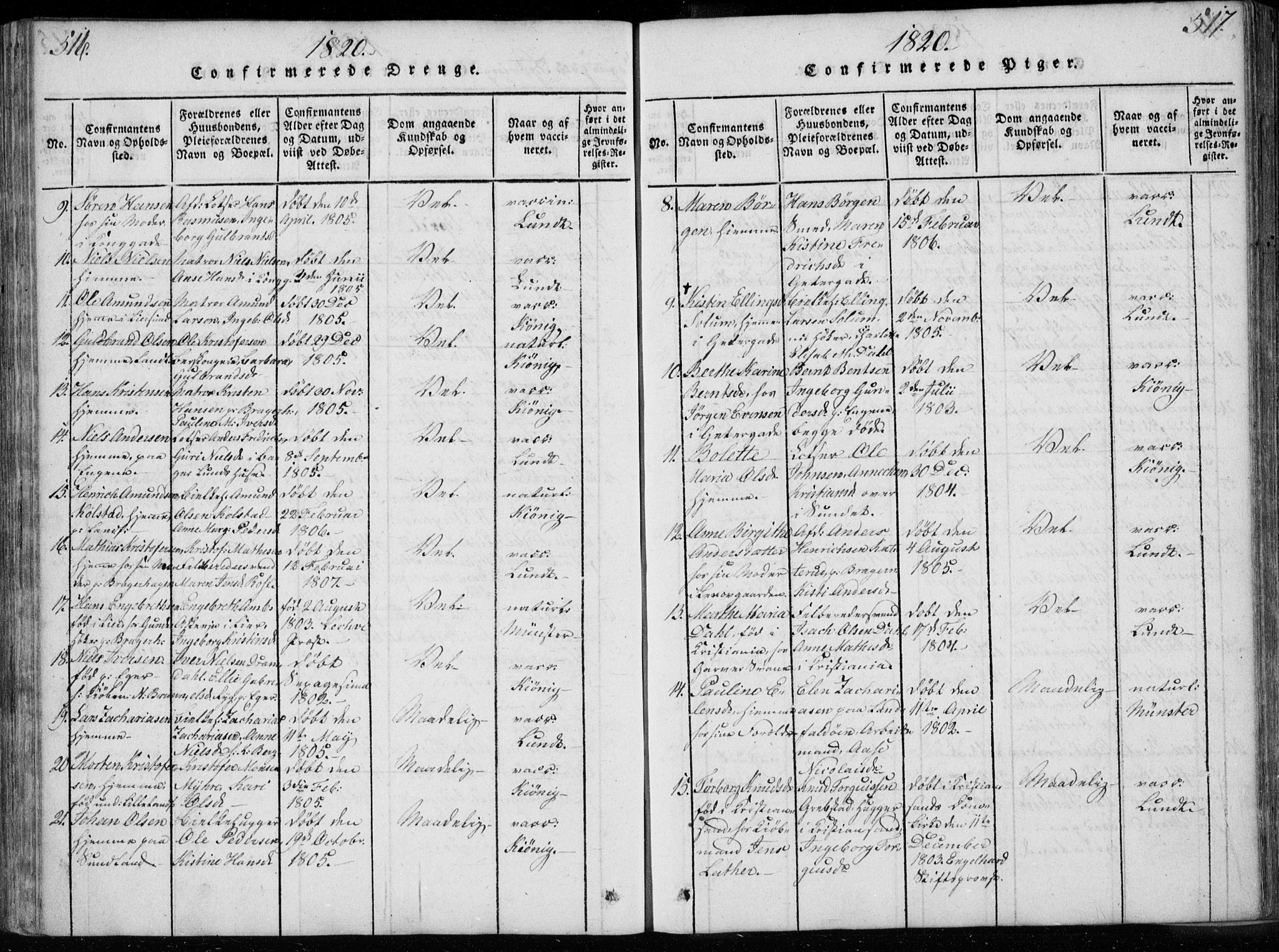 Bragernes kirkebøker, AV/SAKO-A-6/F/Fa/L0007: Parish register (official) no. I 7, 1815-1829, p. 516-517