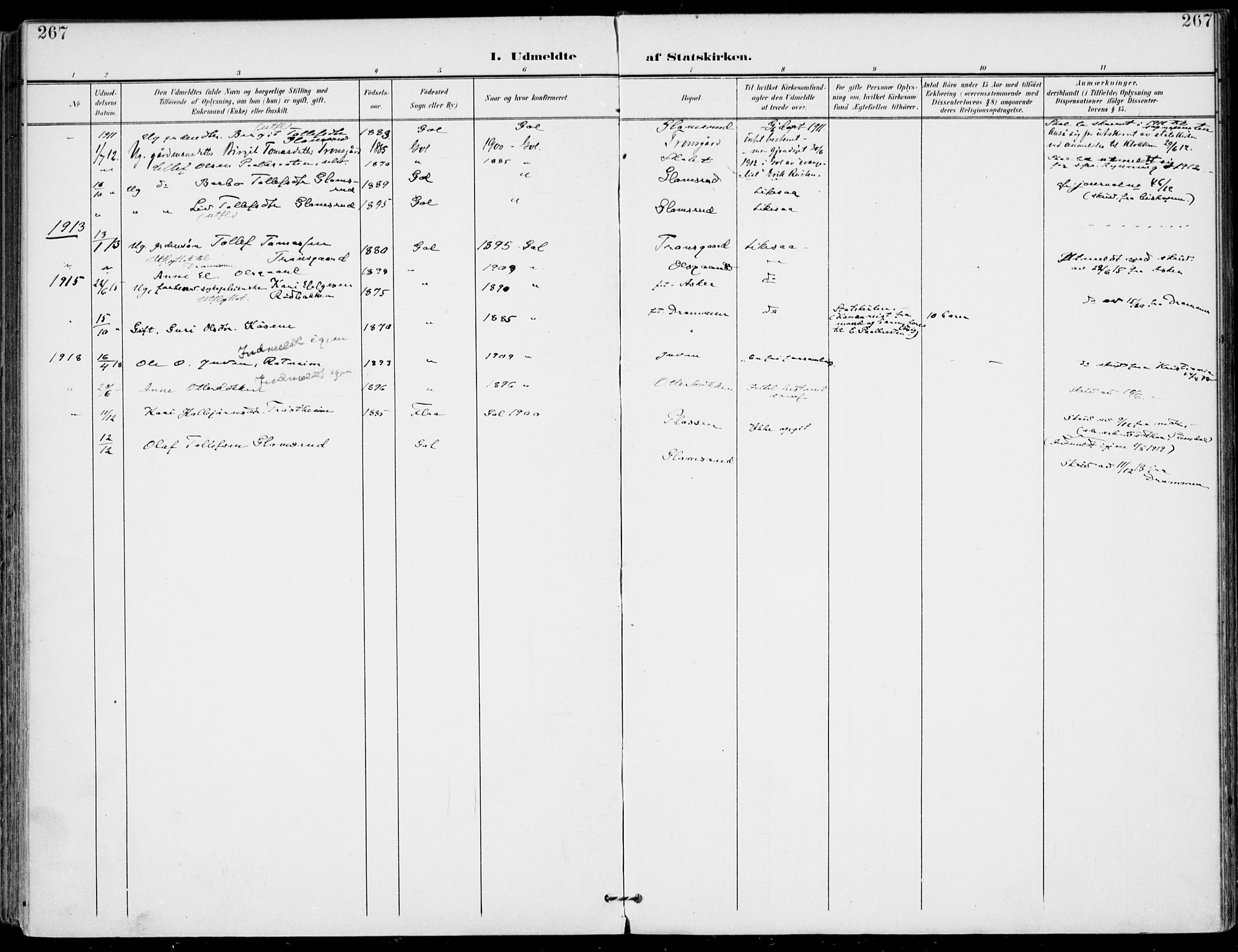 Gol kirkebøker, AV/SAKO-A-226/F/Fa/L0006: Parish register (official) no. I 6, 1901-1918, p. 267