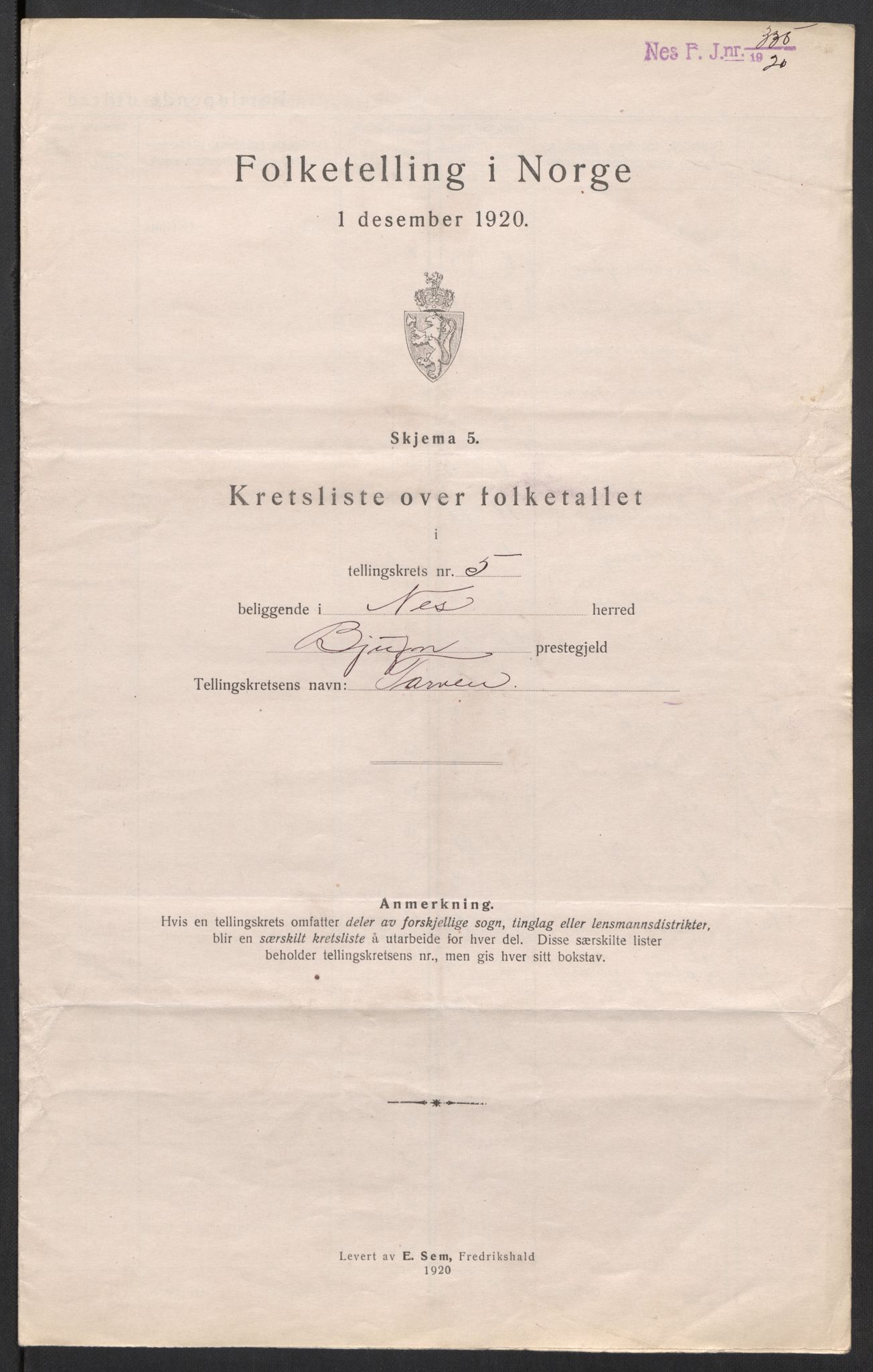 SAT, 1920 census for Nes (ST), 1920, p. 18