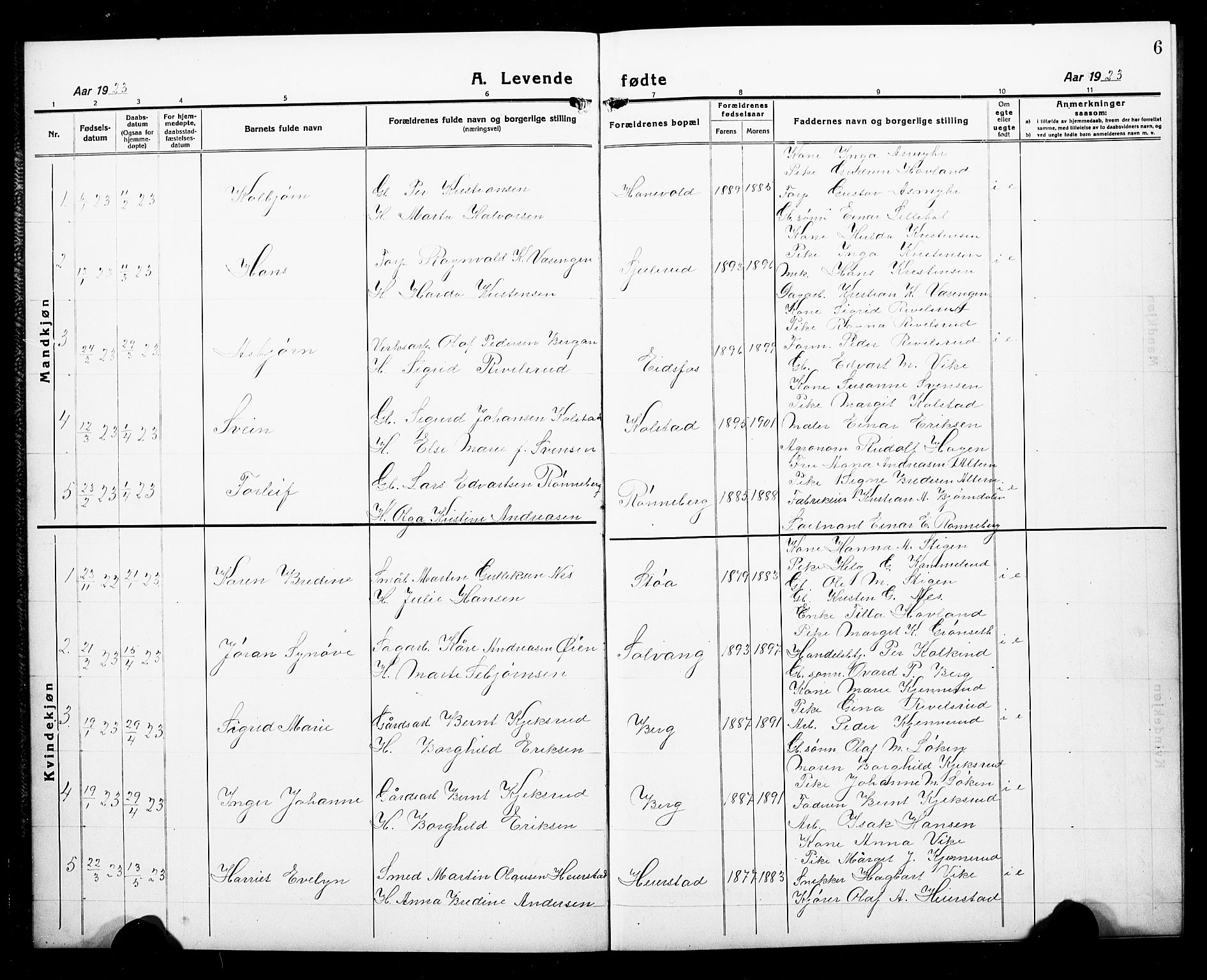 Hof kirkebøker, SAKO/A-64/G/Ga/L0006: Parish register (copy) no. I 6, 1922-1930, p. 6