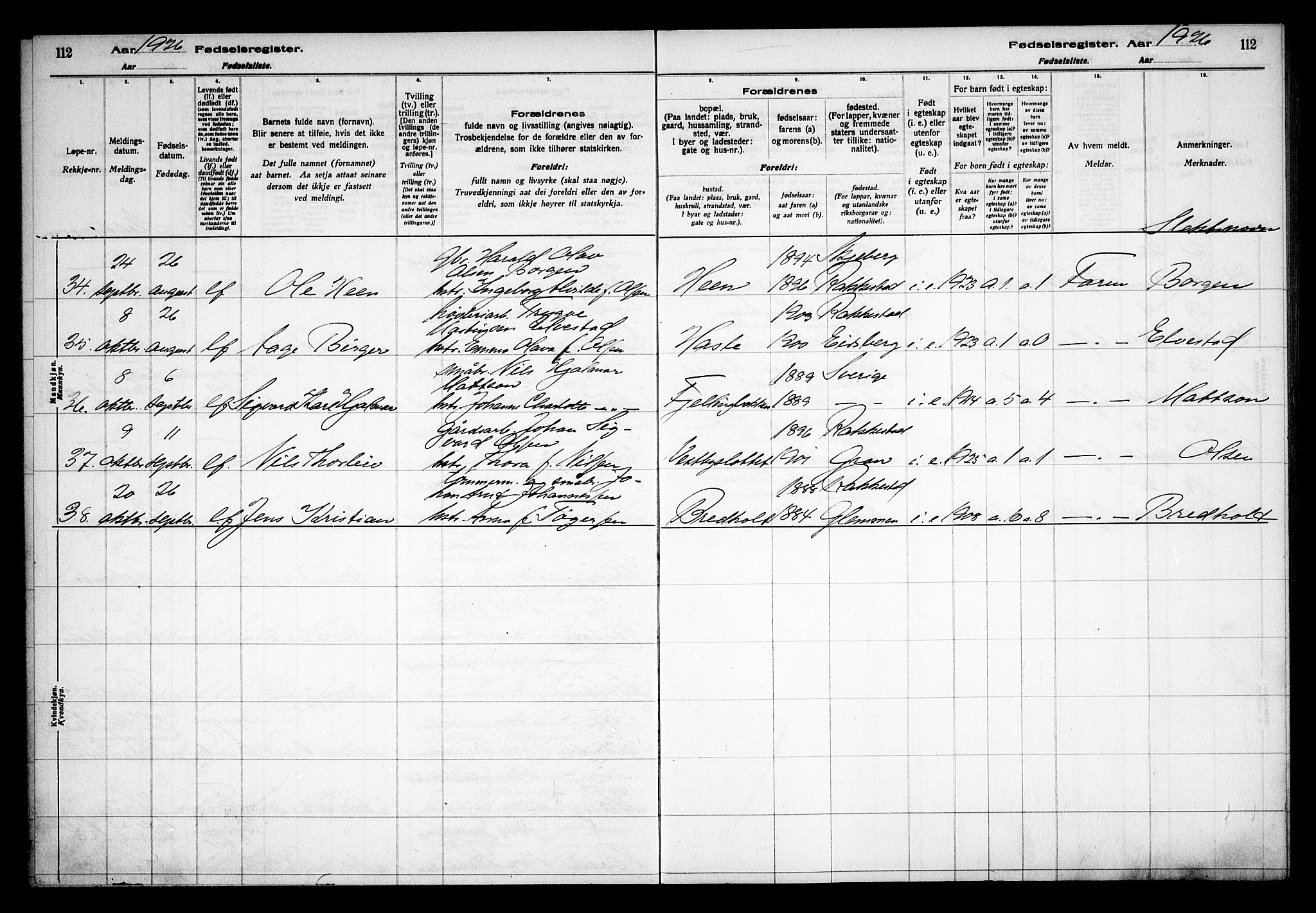 Rakkestad prestekontor Kirkebøker, AV/SAO-A-2008/J/Ja/L0001: Birth register no. I 1, 1916-1936, p. 112