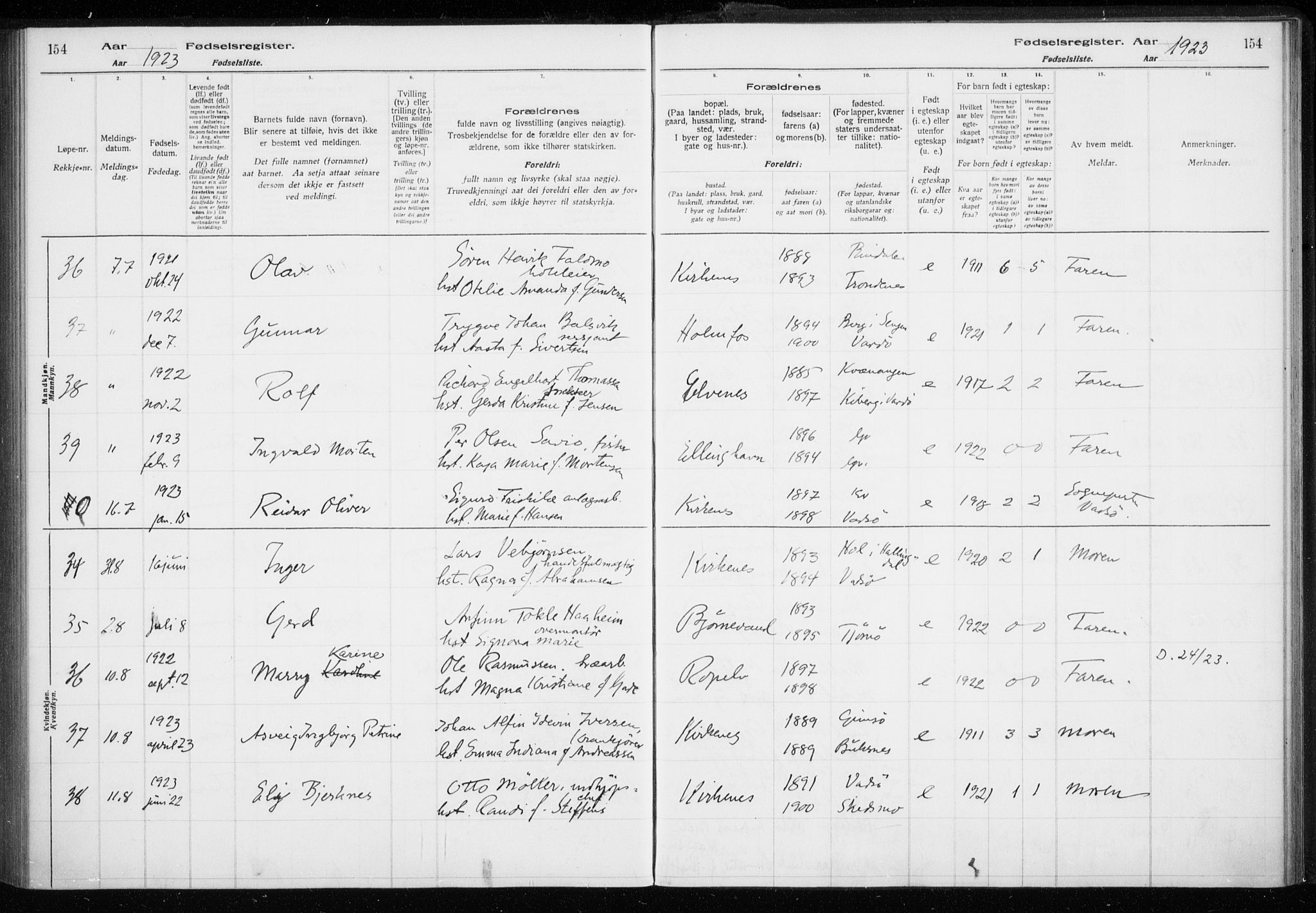 Sør-Varanger sokneprestkontor, AV/SATØ-S-1331/I/Ia/L0016: Birth register no. 16, 1915-1925, p. 154