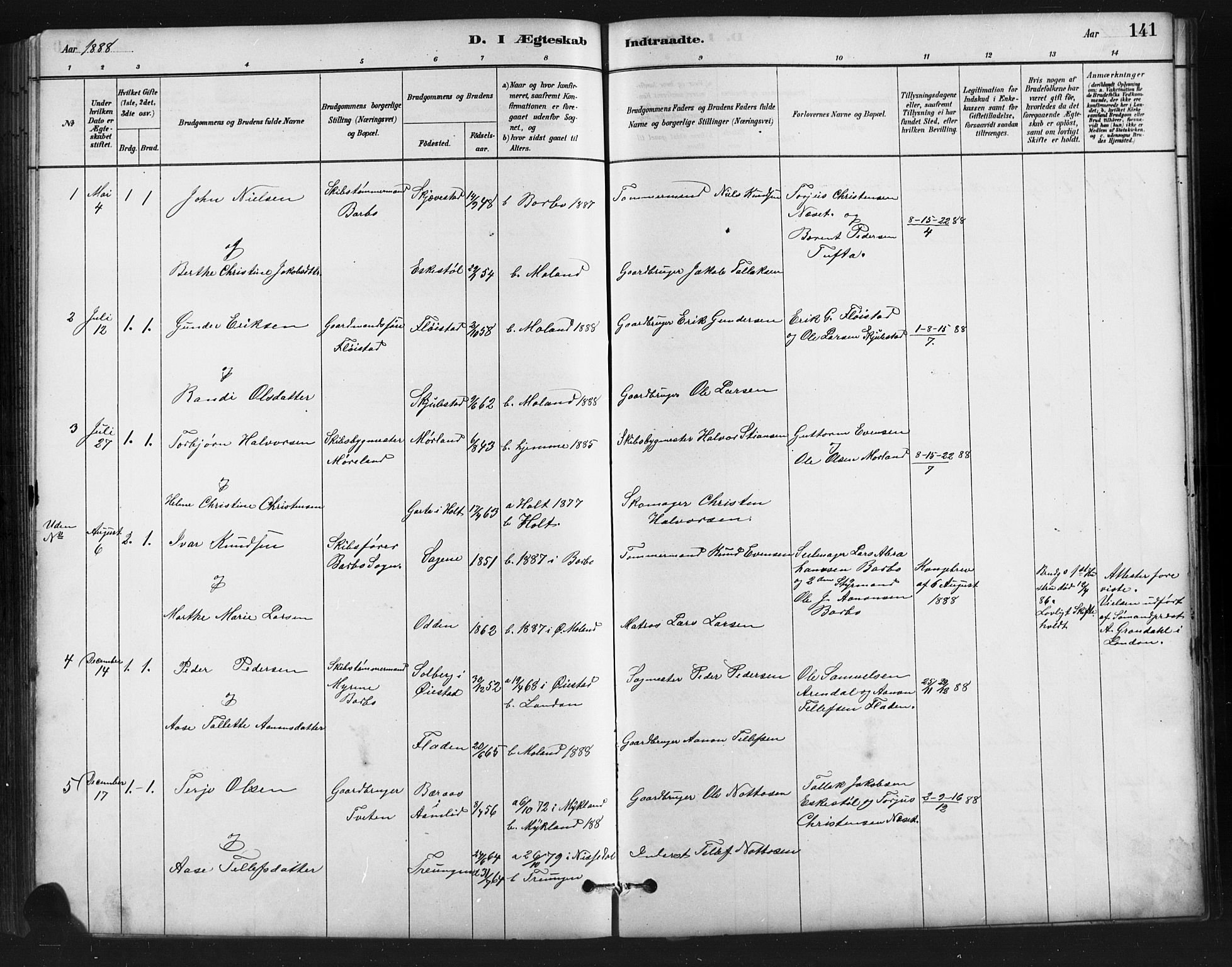 Austre Moland sokneprestkontor, SAK/1111-0001/F/Fb/Fba/L0003: Parish register (copy) no. B 3, 1879-1914, p. 141