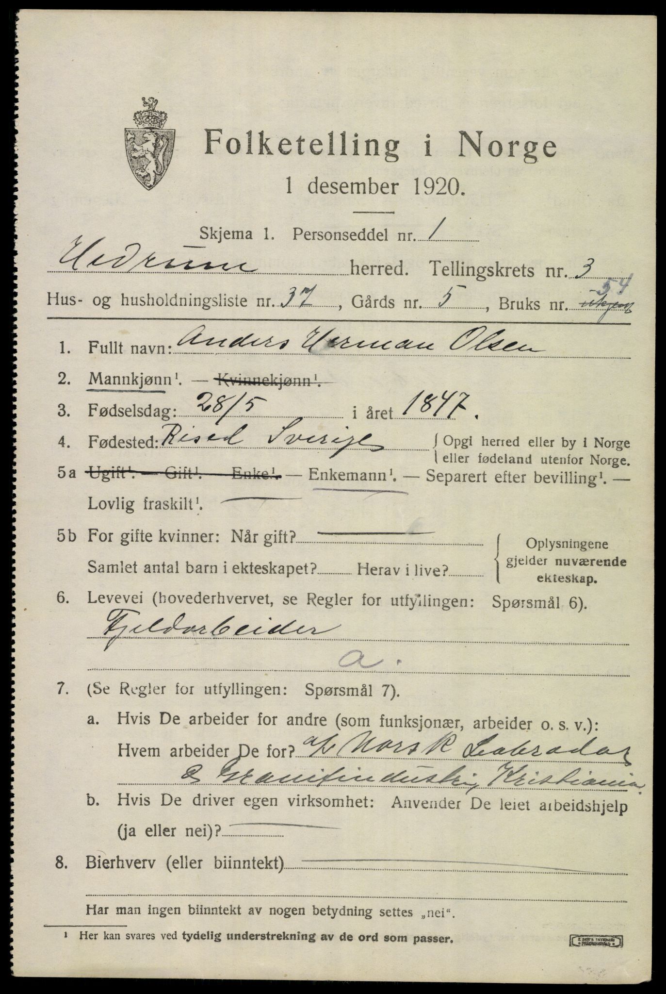 SAKO, 1920 census for Hedrum, 1920, p. 3991