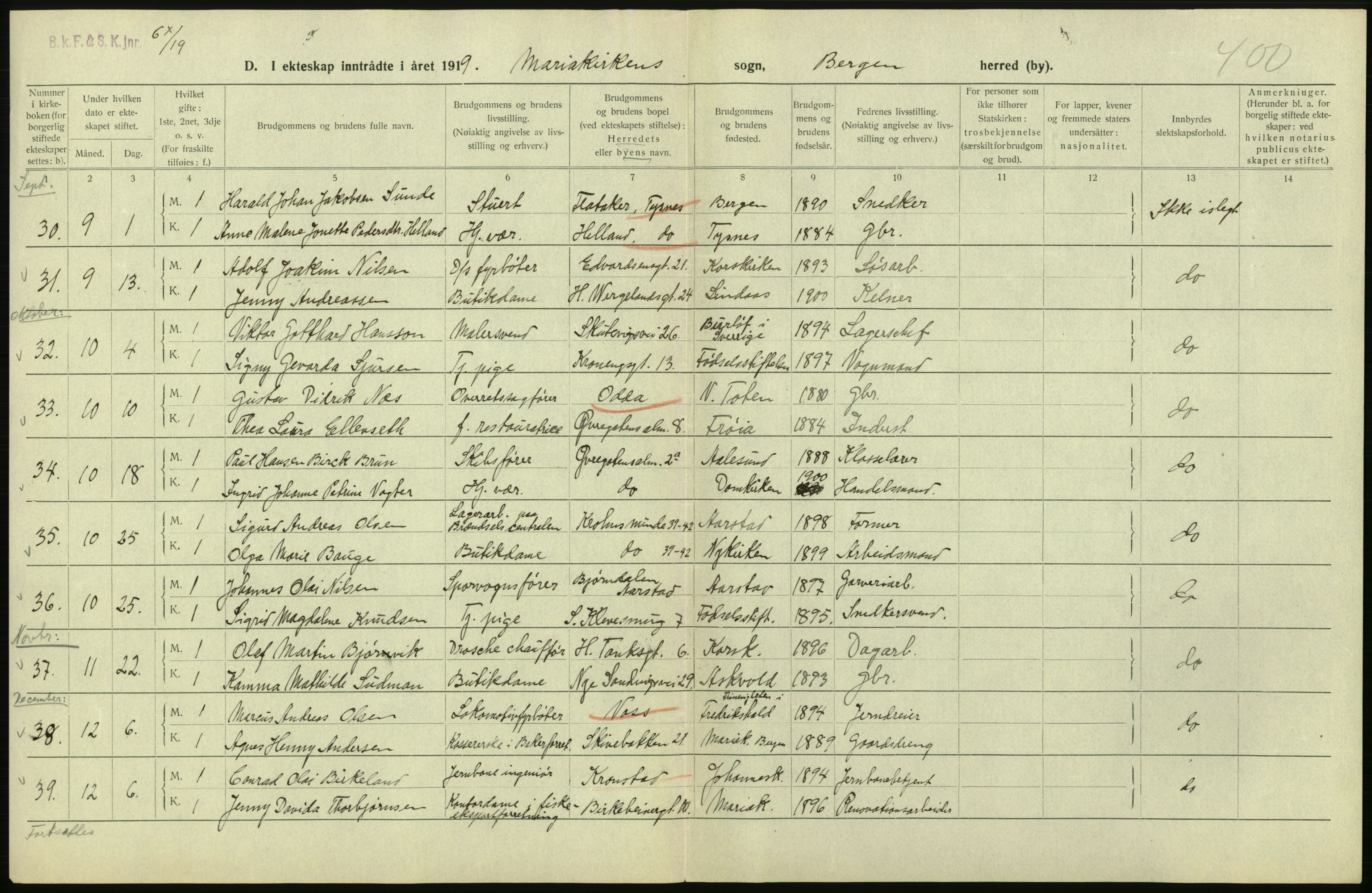 Statistisk sentralbyrå, Sosiodemografiske emner, Befolkning, RA/S-2228/D/Df/Dfb/Dfbi/L0035: Bergen: Gifte, døde, dødfødte., 1919, p. 94