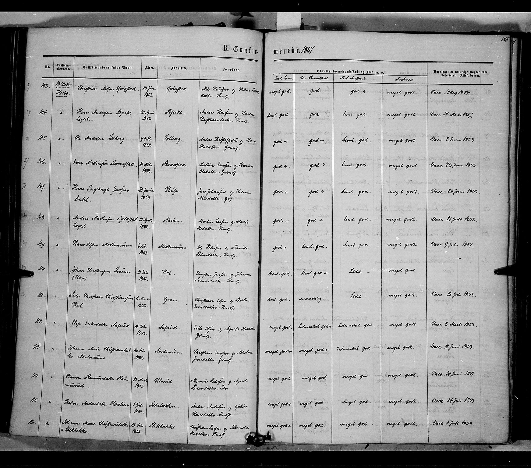 Vestre Toten prestekontor, SAH/PREST-108/H/Ha/Haa/L0007: Parish register (official) no. 7, 1862-1869, p. 185