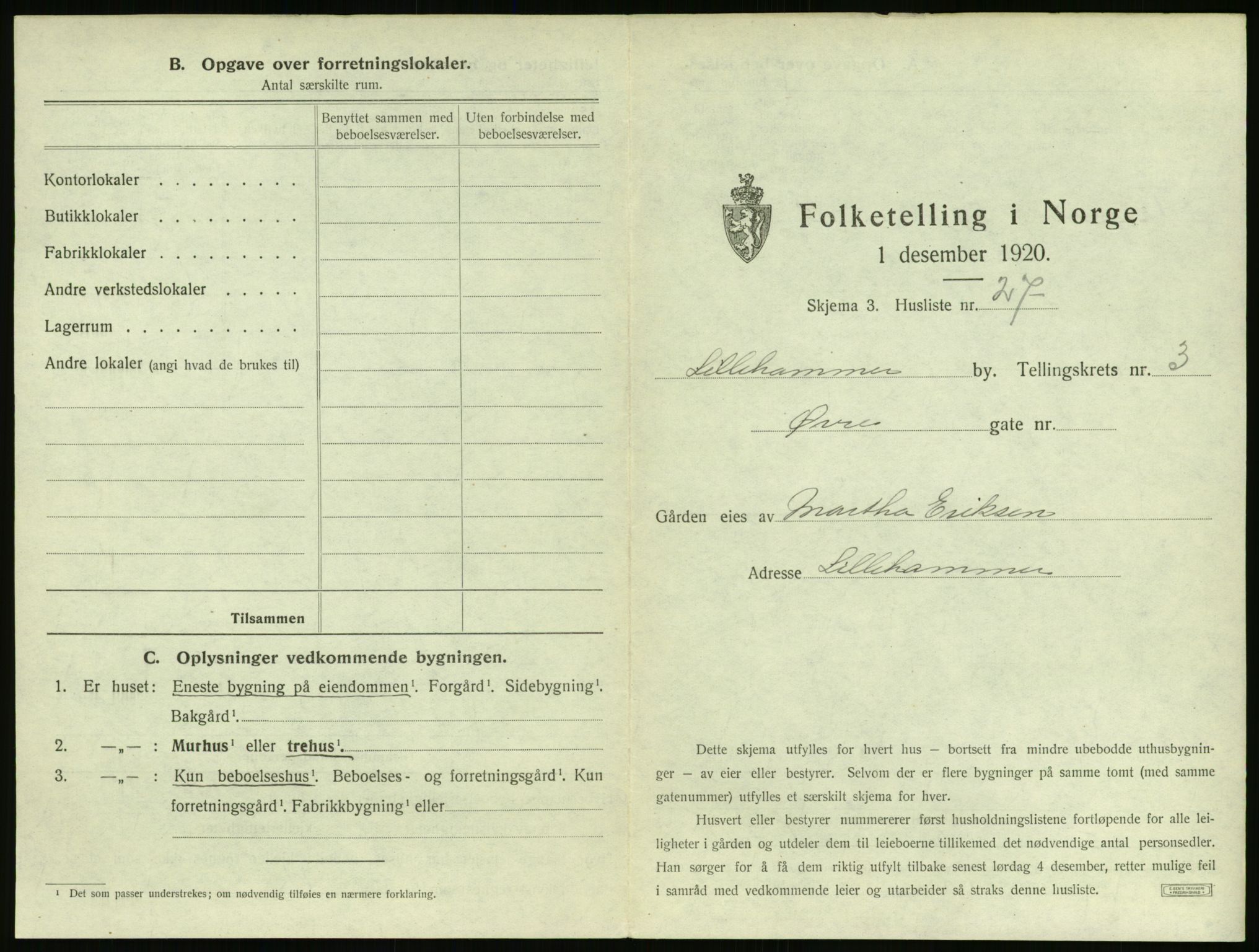 SAH, 1920 census for Lillehammer, 1920, p. 358