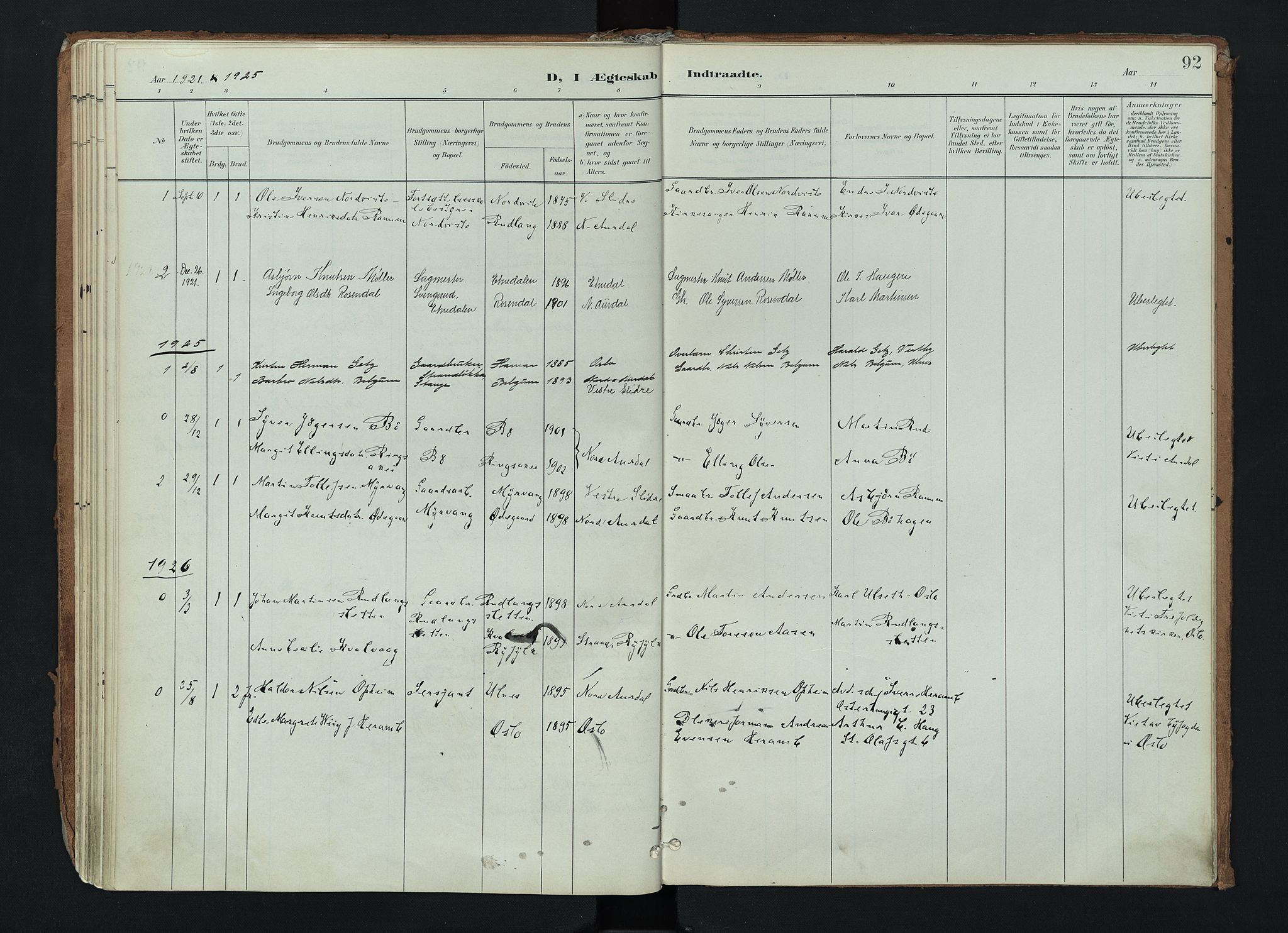 Nord-Aurdal prestekontor, SAH/PREST-132/H/Ha/Haa/L0017: Parish register (official) no. 17, 1897-1926, p. 92