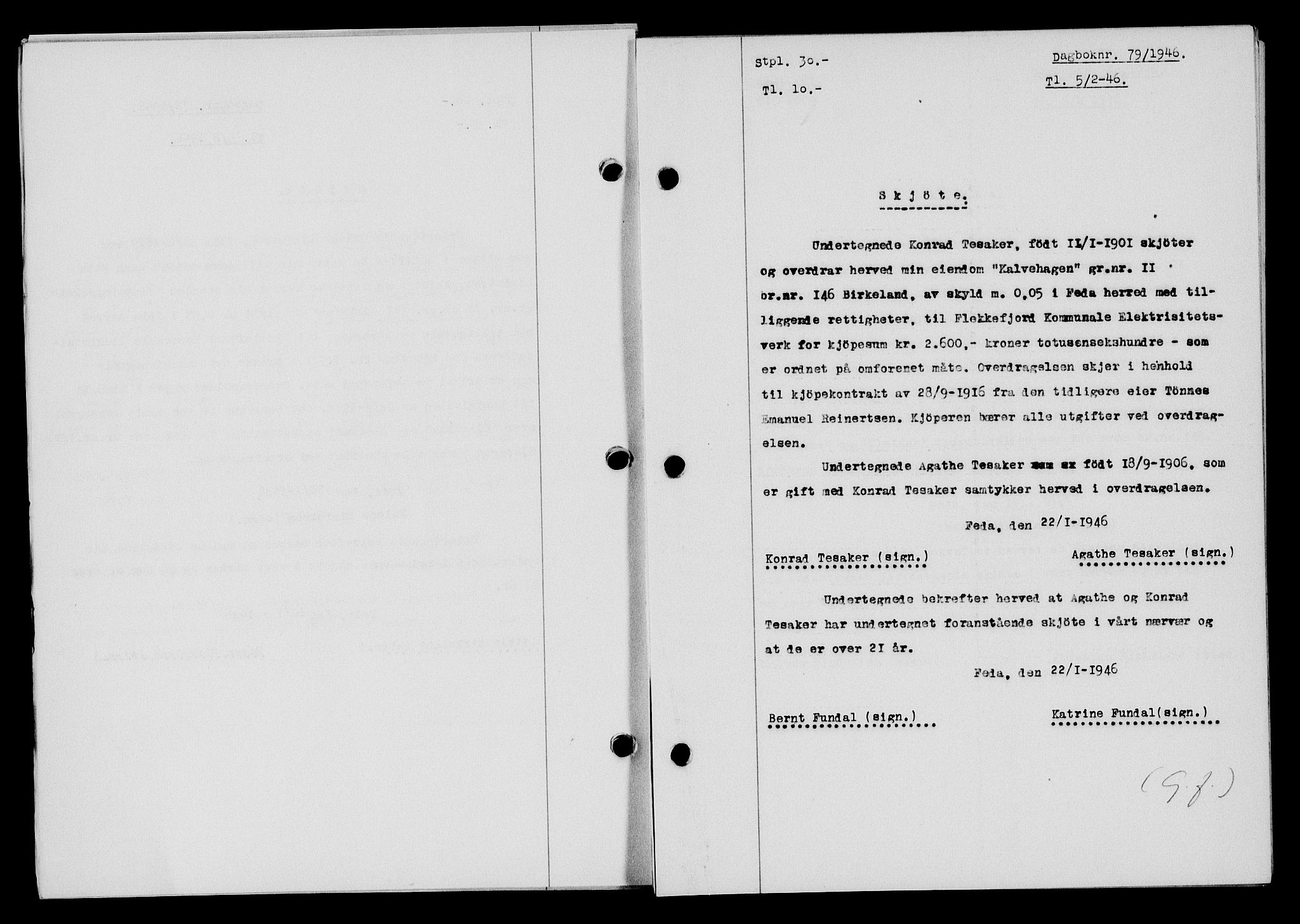 Flekkefjord sorenskriveri, SAK/1221-0001/G/Gb/Gba/L0060: Mortgage book no. A-8, 1945-1946, Diary no: : 79/1946