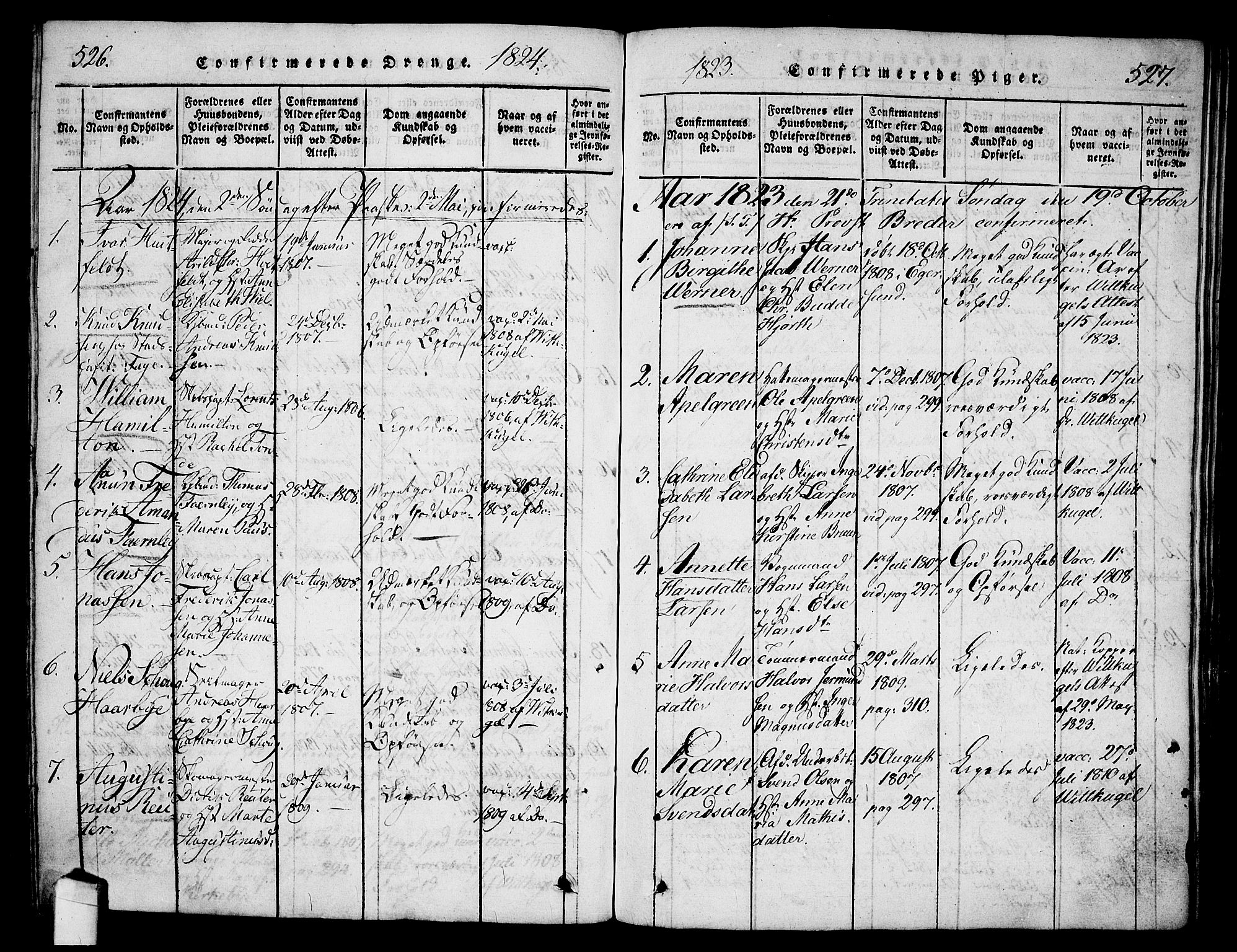 Halden prestekontor Kirkebøker, SAO/A-10909/G/Ga/L0001: Parish register (copy) no. 1, 1815-1833, p. 526-527