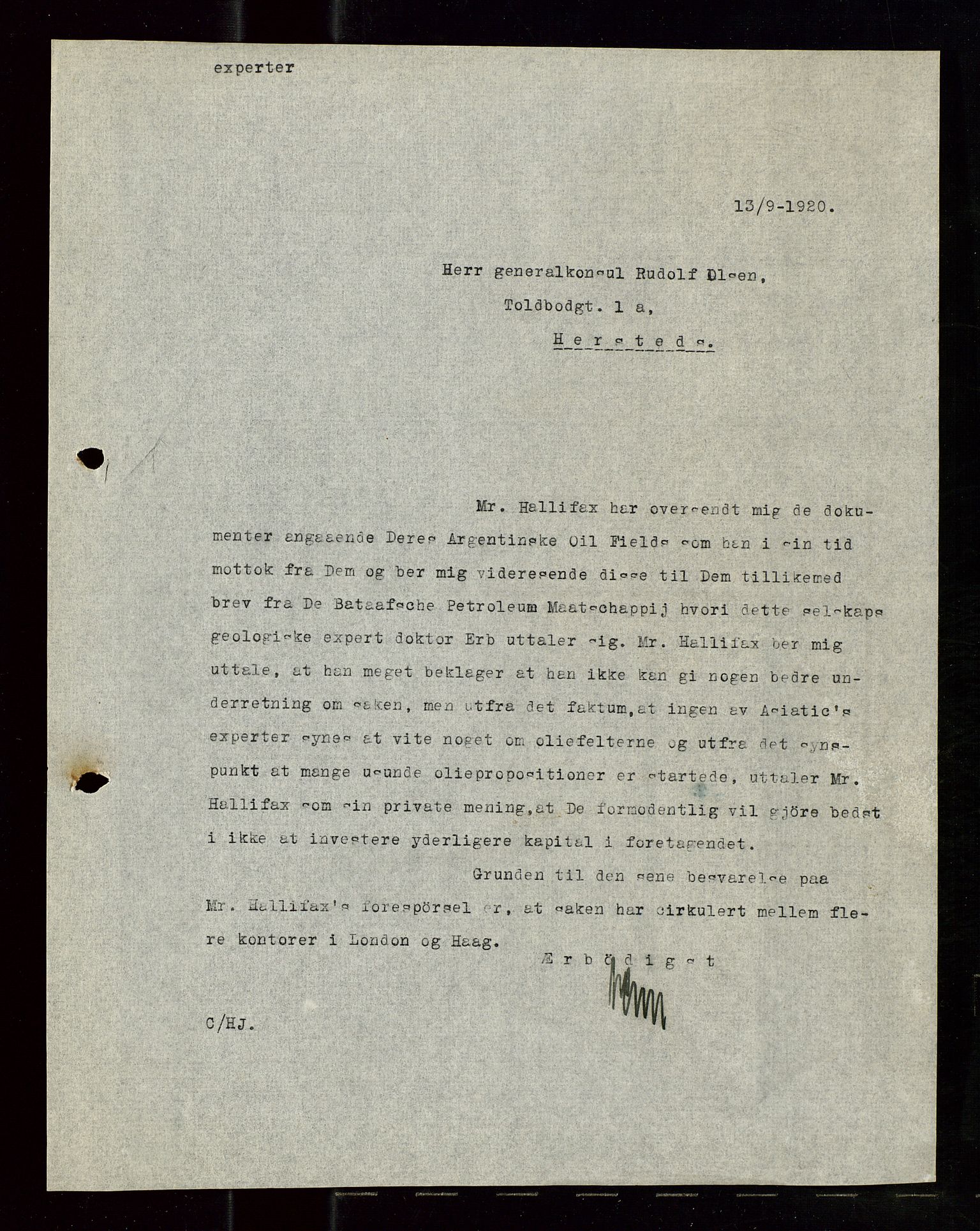 Pa 1521 - A/S Norske Shell, AV/SAST-A-101915/E/Ea/Eaa/L0010: Sjefskorrespondanse, 1920, p. 186