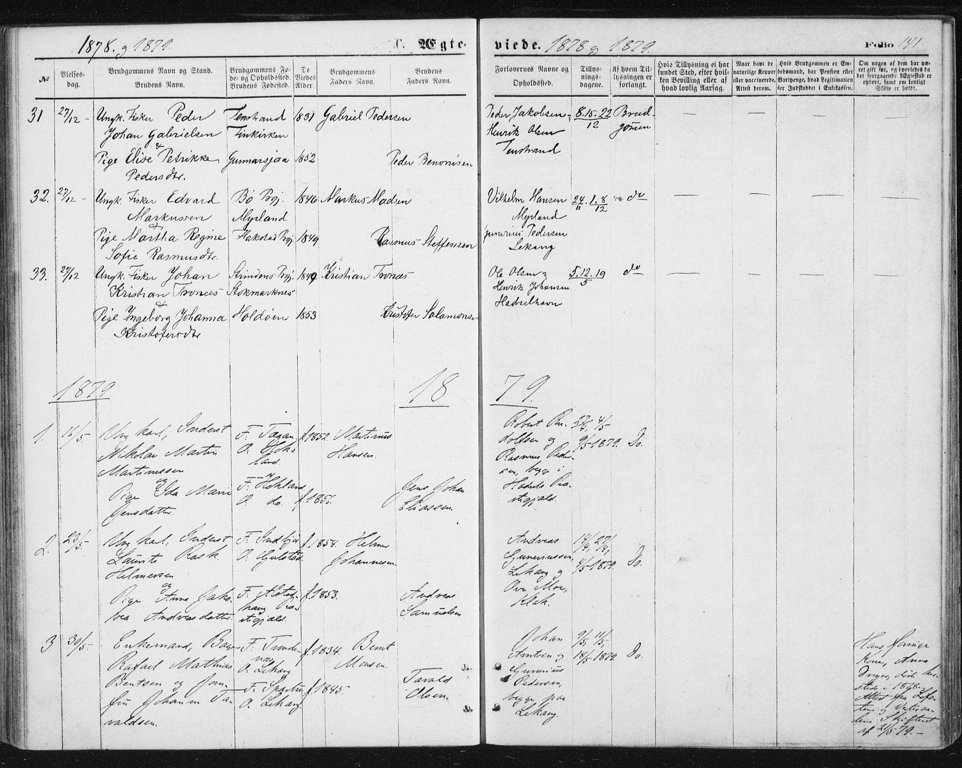 Ministerialprotokoller, klokkerbøker og fødselsregistre - Nordland, AV/SAT-A-1459/888/L1243: Parish register (official) no. 888A09, 1876-1879, p. 141