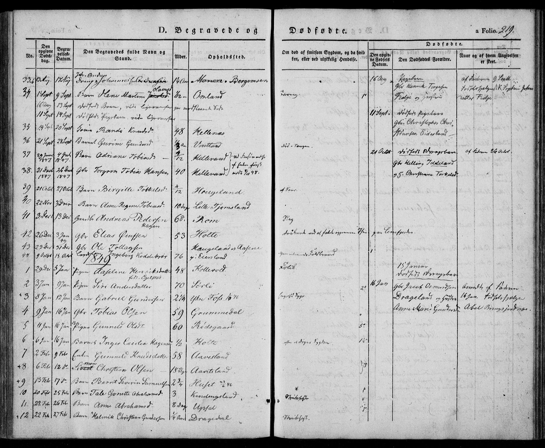 Lyngdal sokneprestkontor, AV/SAK-1111-0029/F/Fa/Fac/L0008: Parish register (official) no. A 8, 1837-1852, p. 219