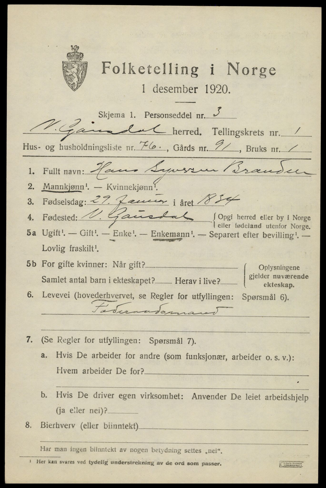 SAH, 1920 census for Vestre Gausdal, 1920, p. 1735