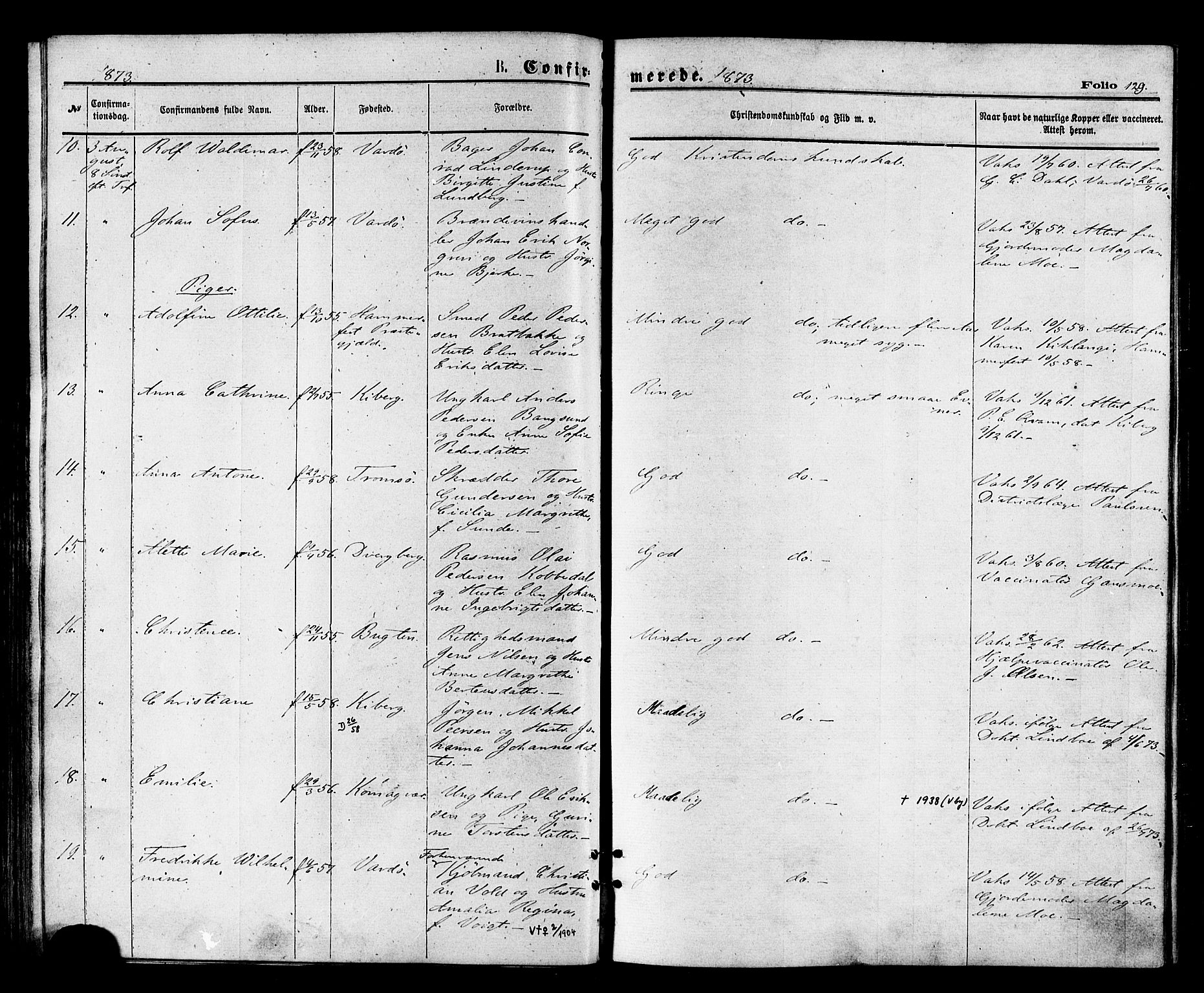 Vardø sokneprestkontor, SATØ/S-1332/H/Ha/L0005kirke: Parish register (official) no. 5, 1872-1878, p. 129