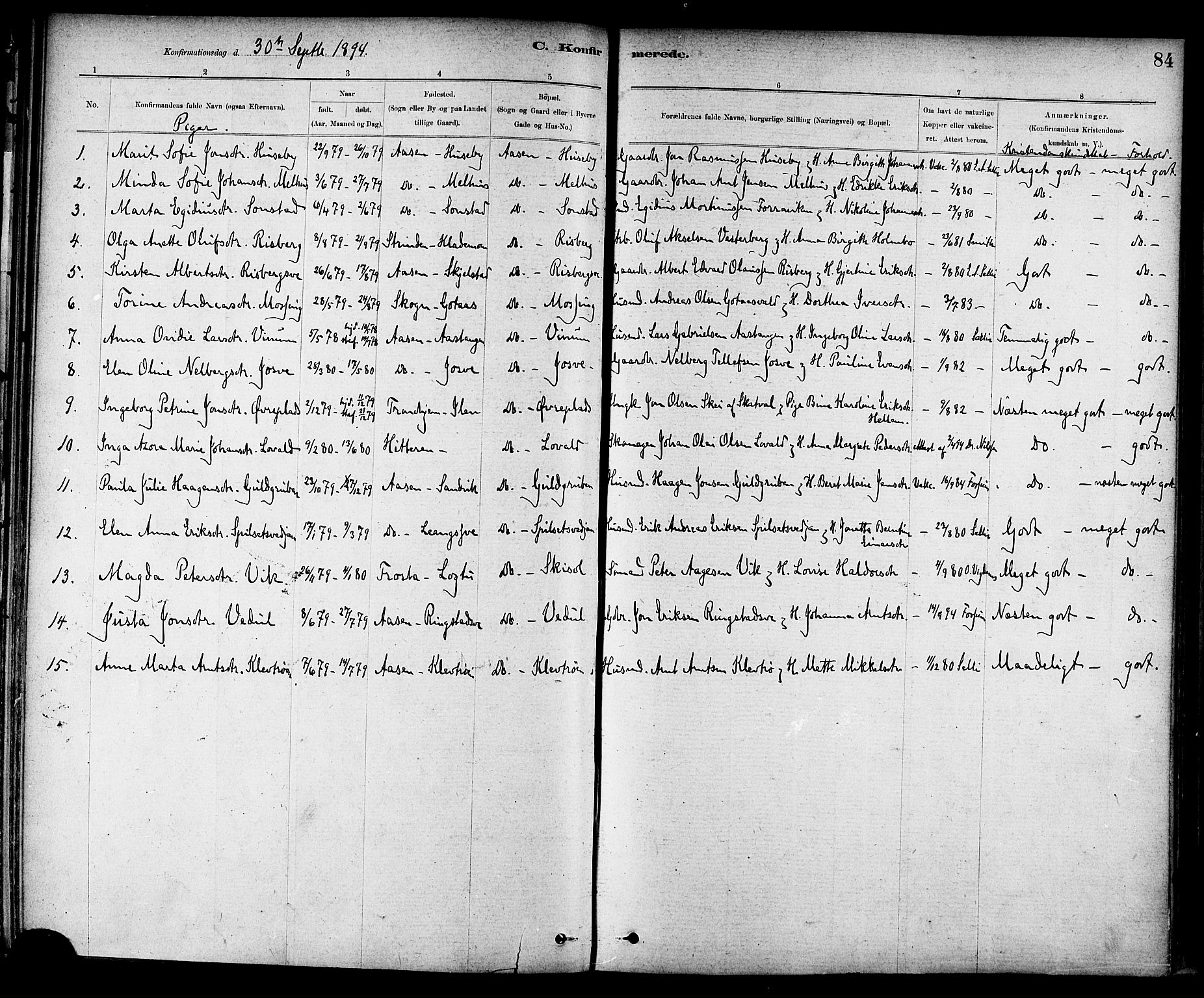 Ministerialprotokoller, klokkerbøker og fødselsregistre - Nord-Trøndelag, SAT/A-1458/714/L0130: Parish register (official) no. 714A01, 1878-1895, p. 84